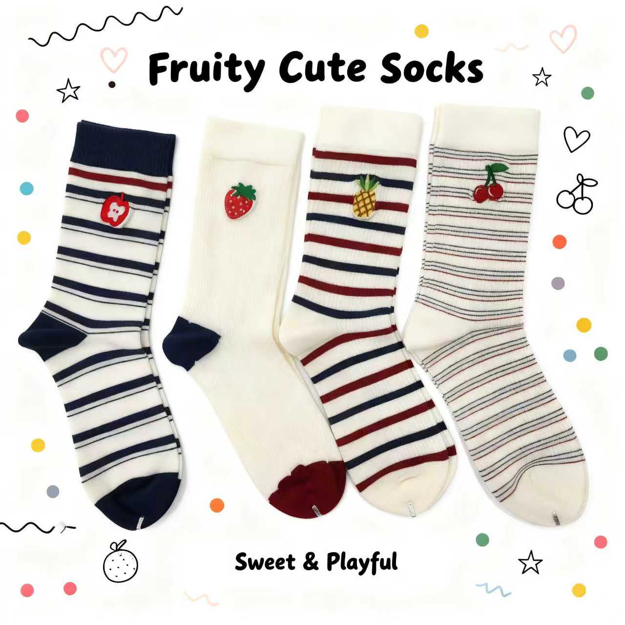 Sweet and fruity, cute socks, fruit embroidery striped mid-calf socks, sweet and playful girl socks series