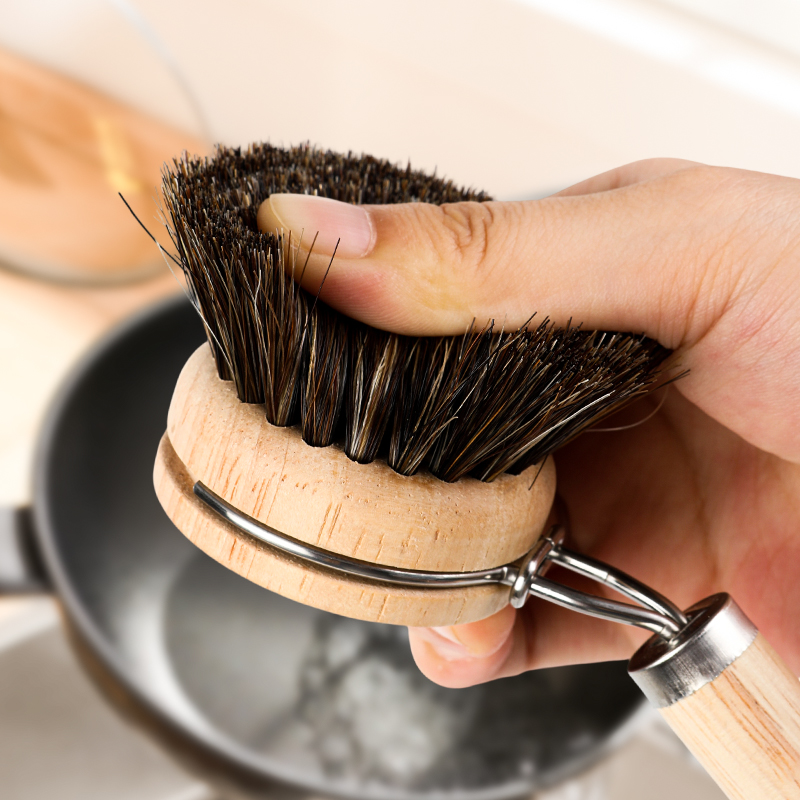 Japanese yamazawa horsehair long-handled pot brush, replaceable brush head, soft bristle cleaning brush, solid wood handle washing pot and dish brush Item Picture