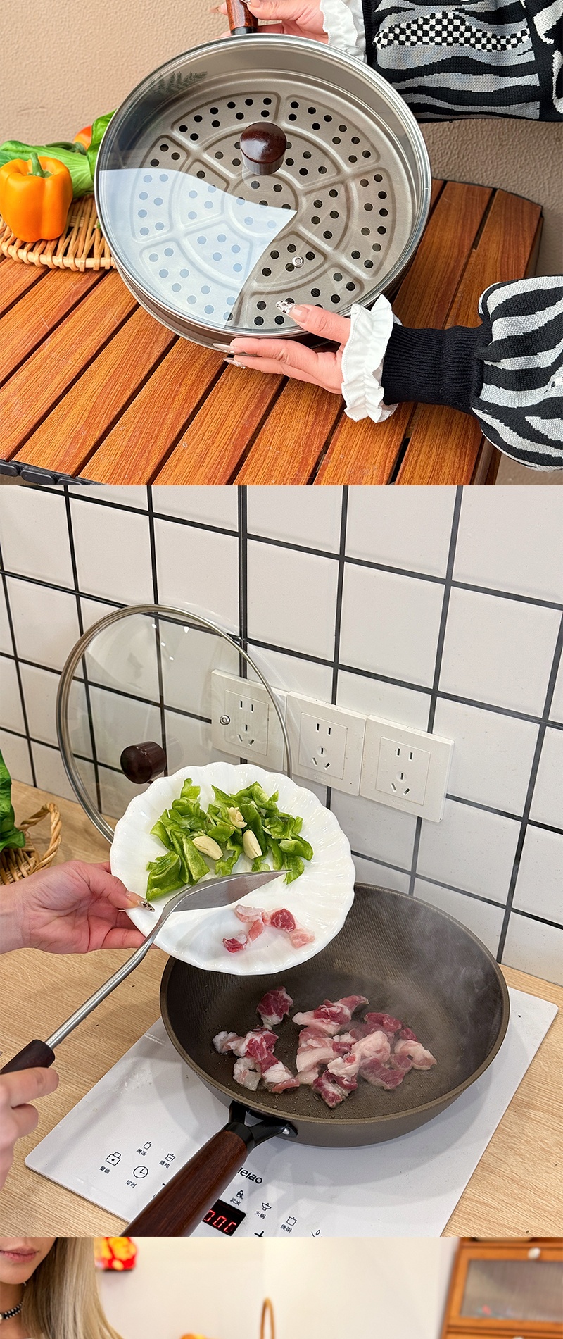 NEFIKO有钛不沾28cm带蒸笼玻璃盖家用煎炒锅详情9
