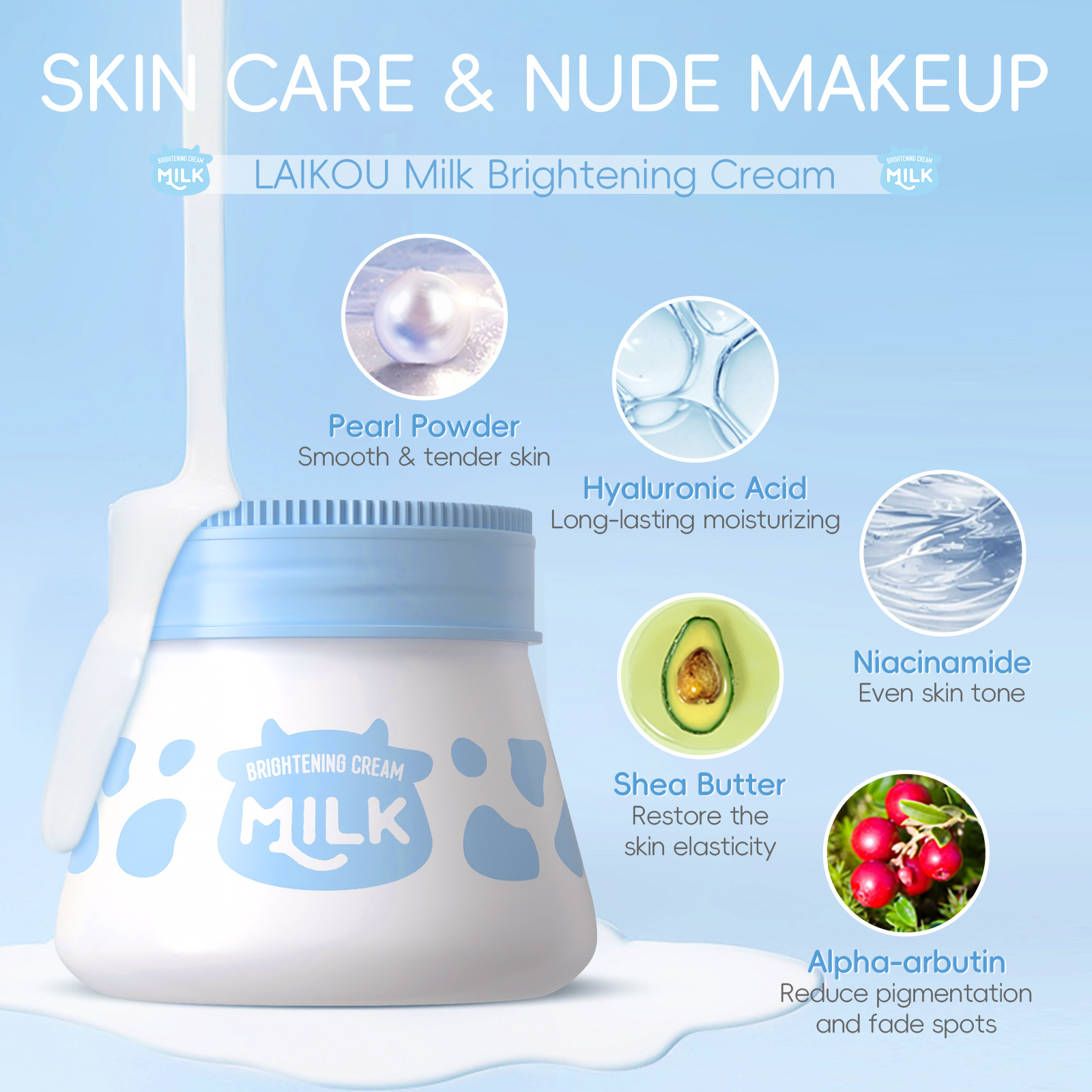 LAIKOU Milk Natural Cream, Brightening Cream 55g Natural Cream, Lazy Cream, Nude Makeup Skin care products in stock for export Specification drawing