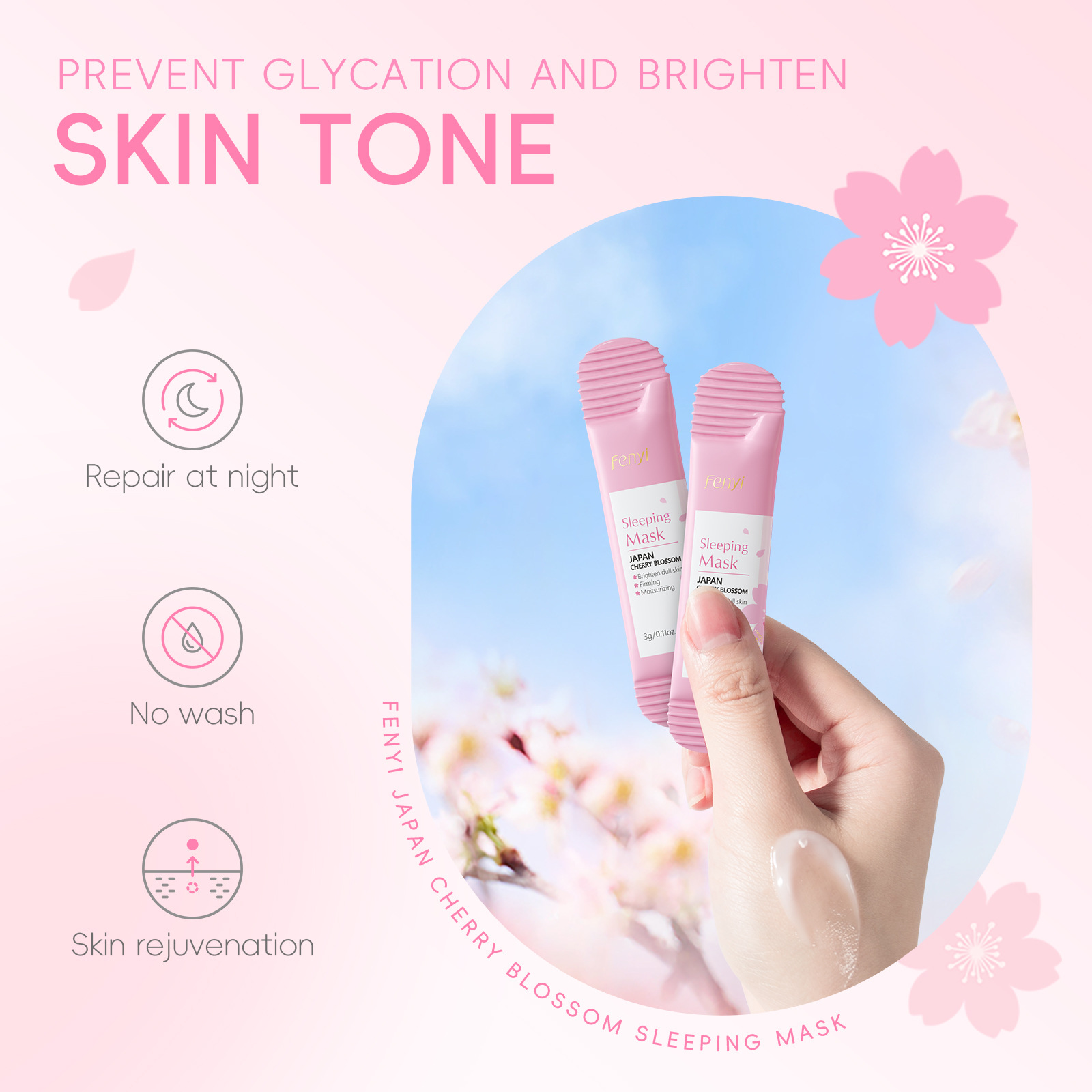 Cross-border FENYI Japanese Cherry Blossom Sleeping Mask 3gx20 Pieces Hydrating and Moisturizing Export Mask, All in English details Picture