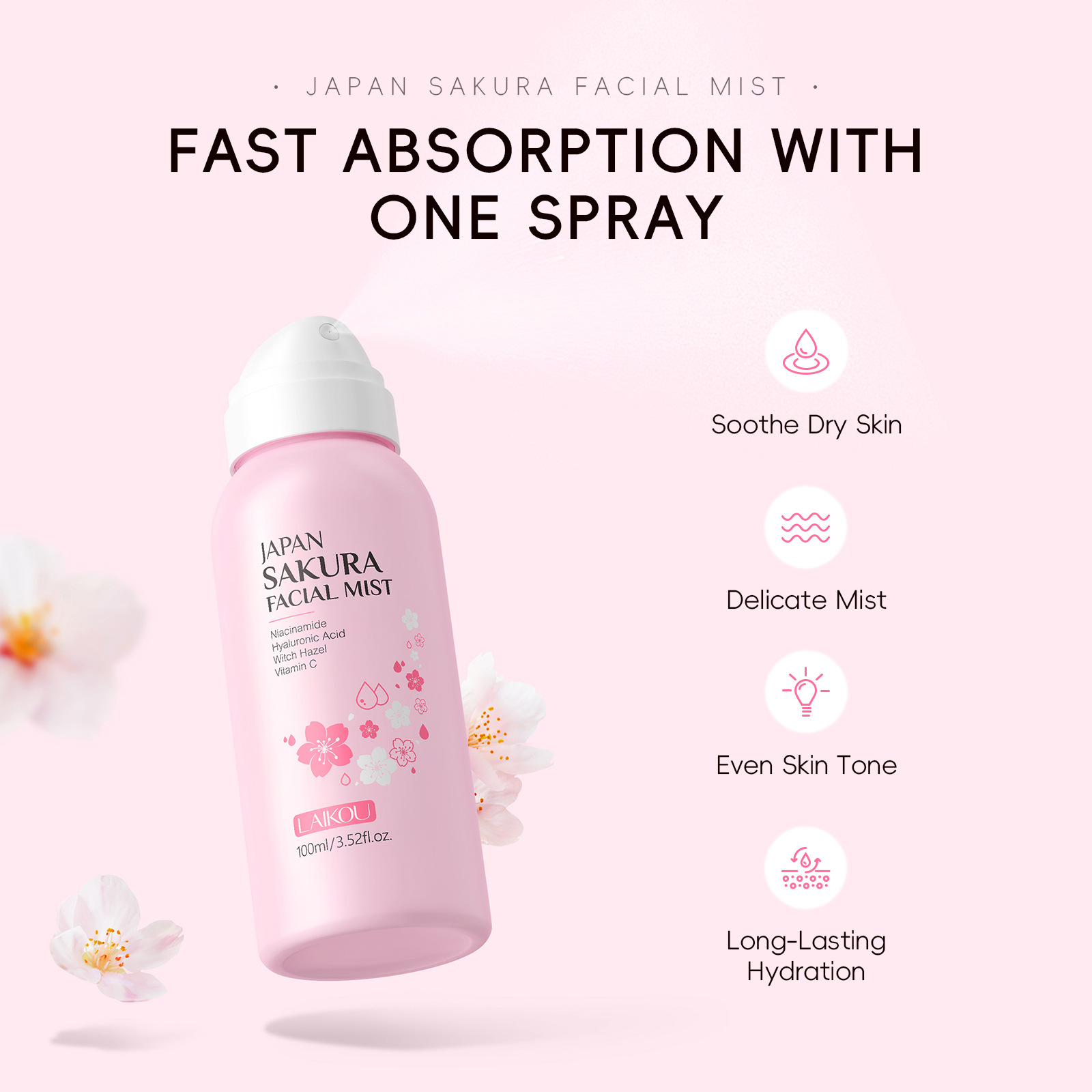 Cross-border Laiko Cherry Blossom Spray 100ml Wet Compress Water Hydrating Moisturizing Toner, full English stock wholesale for export details Picture