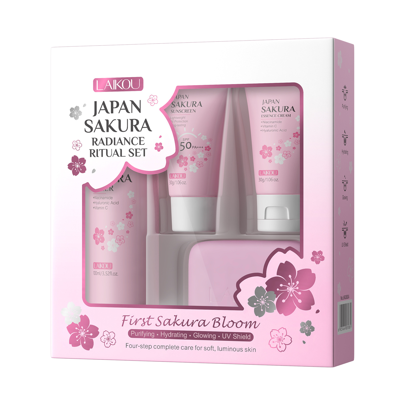 New Cherry Blossom 4-piece Set Gift Box: 110g handmade soap + 100ml Toner + 30g Essence Cream +sunscreen Item Picture