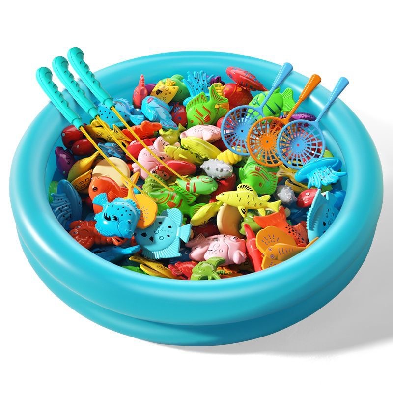 Children's magnetic fishing toy pool, boys and girls play house, summer water play, inflatable educational fish catching, night market stall Item Picture