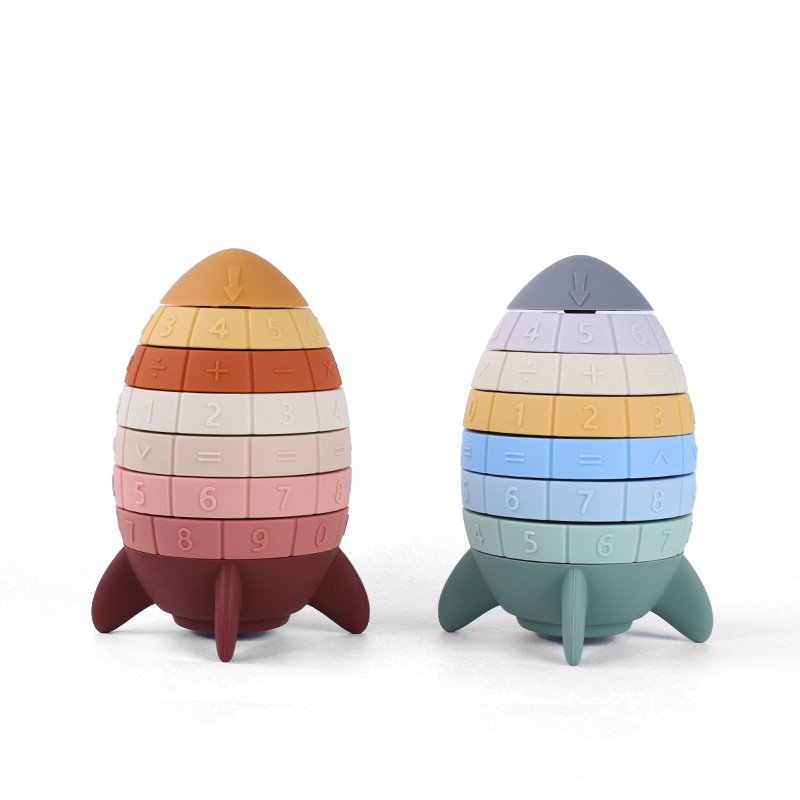 Rocket model toys, rainbow Rocket, Jenga soft building blocks, eco-friendly silicone educational rings, silicone toys Item Picture
