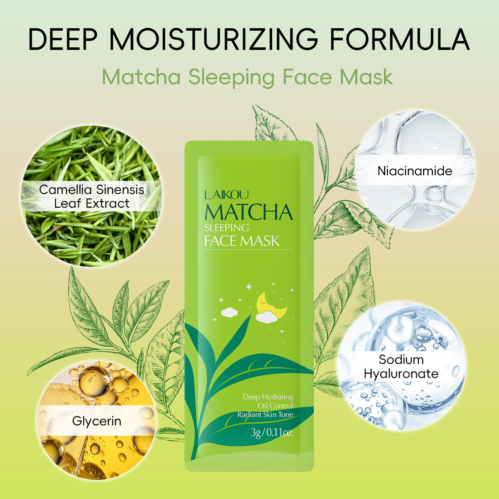 Laicome Matcha Series Sleeping Mask 1 piece, 3g leave-in mask, all-English sleeping mask, export mask Application Scenario