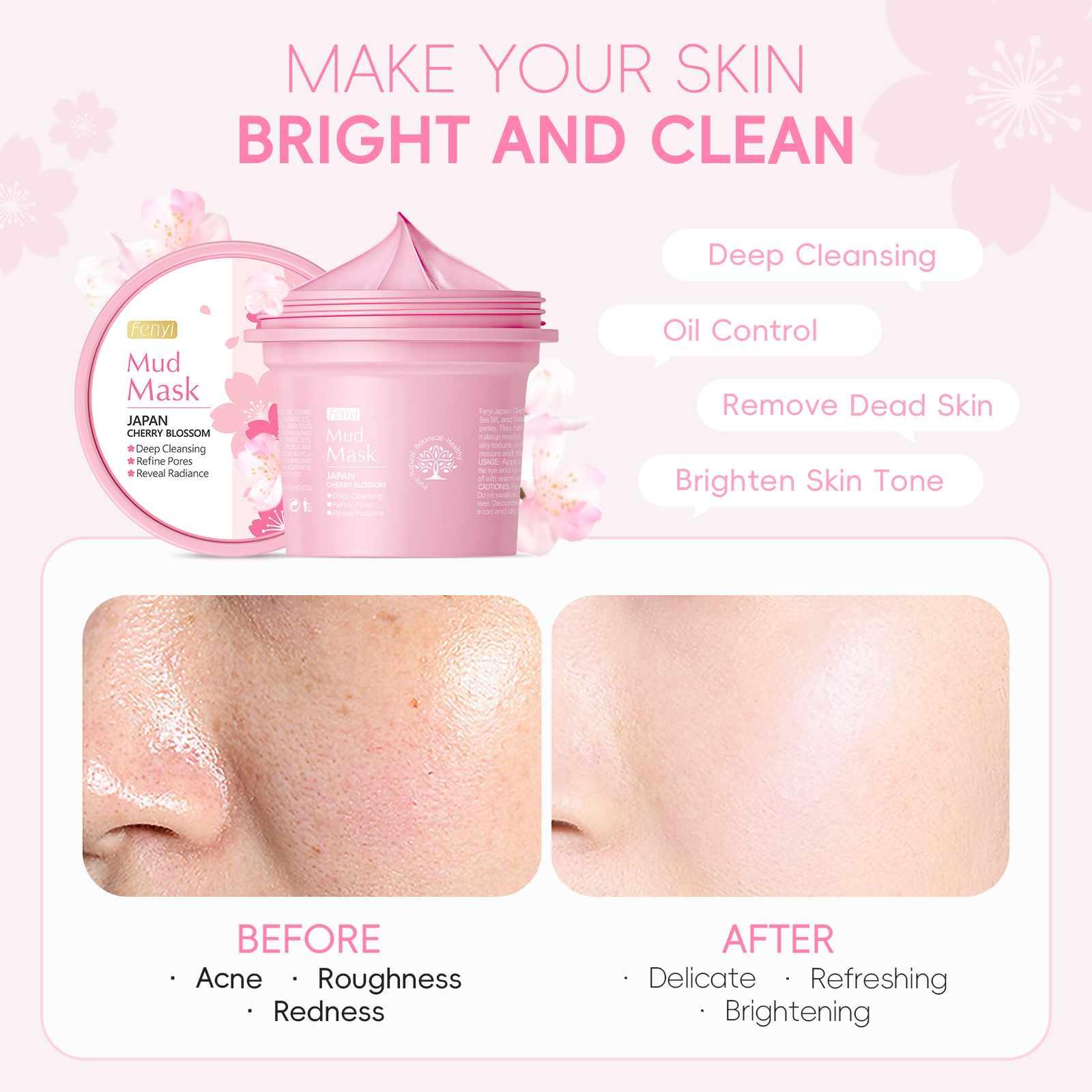 Cross-border manufacturer Fenyi Japanese Cherry Blossom Mask Mud 100g deeply cleanses pores and applies skin care products as an export mask Specification drawing