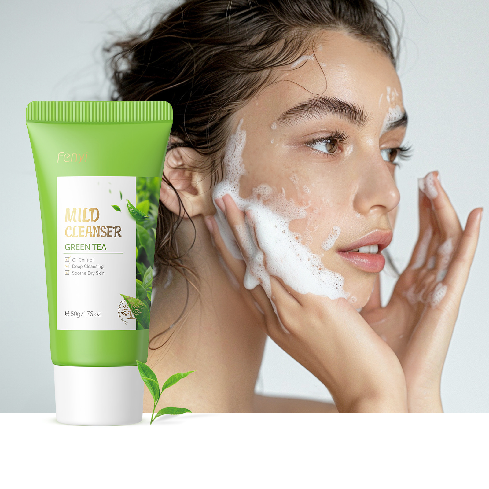 FENYI Green Tea Facial Cleanser 50g Hydrating and Moisturizing Facial Cleanser Cross-border English Cross-border Export Facial Cleanser Application Scenario