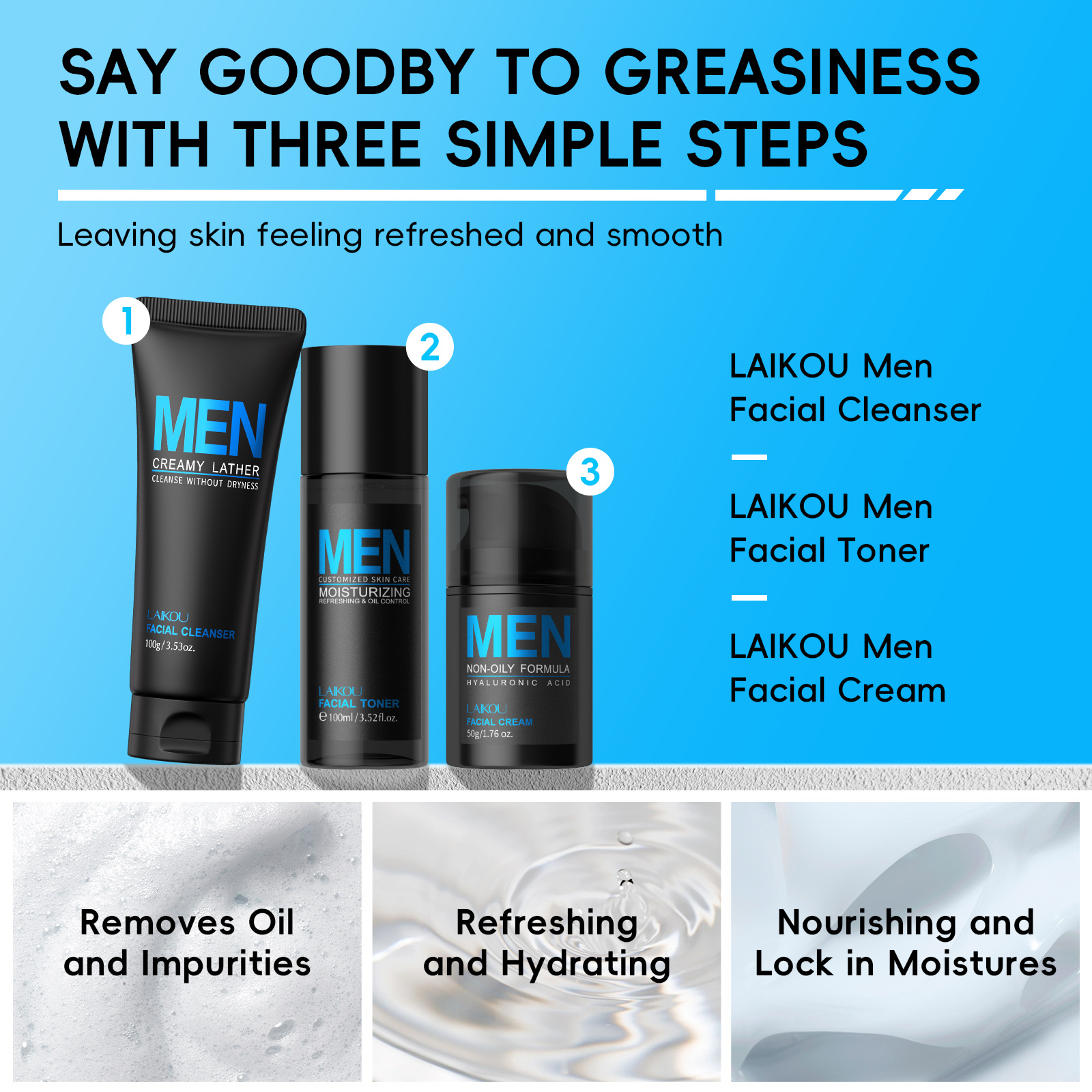 The new cross-border product Laicome Men's 3-piece set (face cream + toner + facial Cleanser) skincare set is available on Amazon Application Scenario