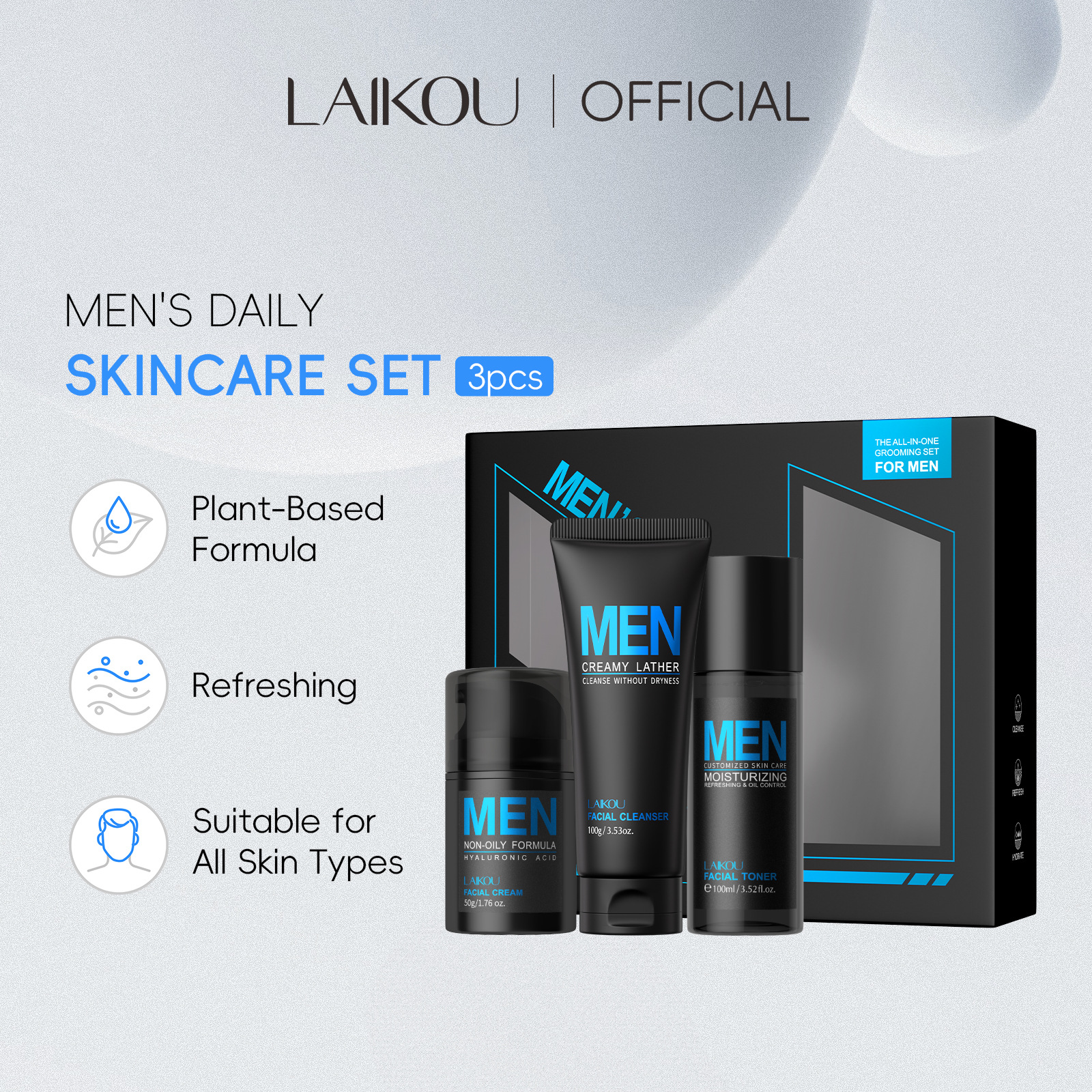 The new cross-border product Laicome Men's 3-piece set (face cream + toner + facial Cleanser) skincare set is available on Amazon full figure