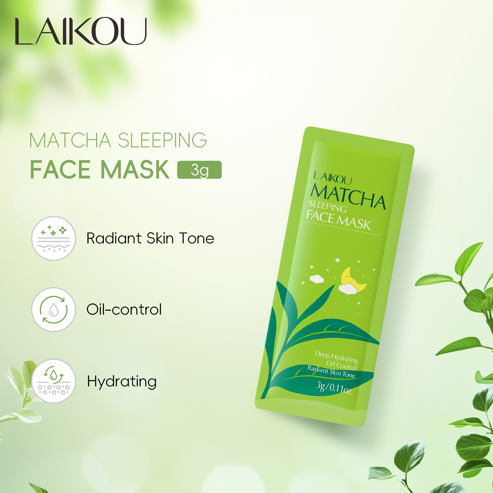 Laicome Matcha Series Sleeping Mask 1 piece, 3g leave-in mask, all-English sleeping mask, export mask full figure