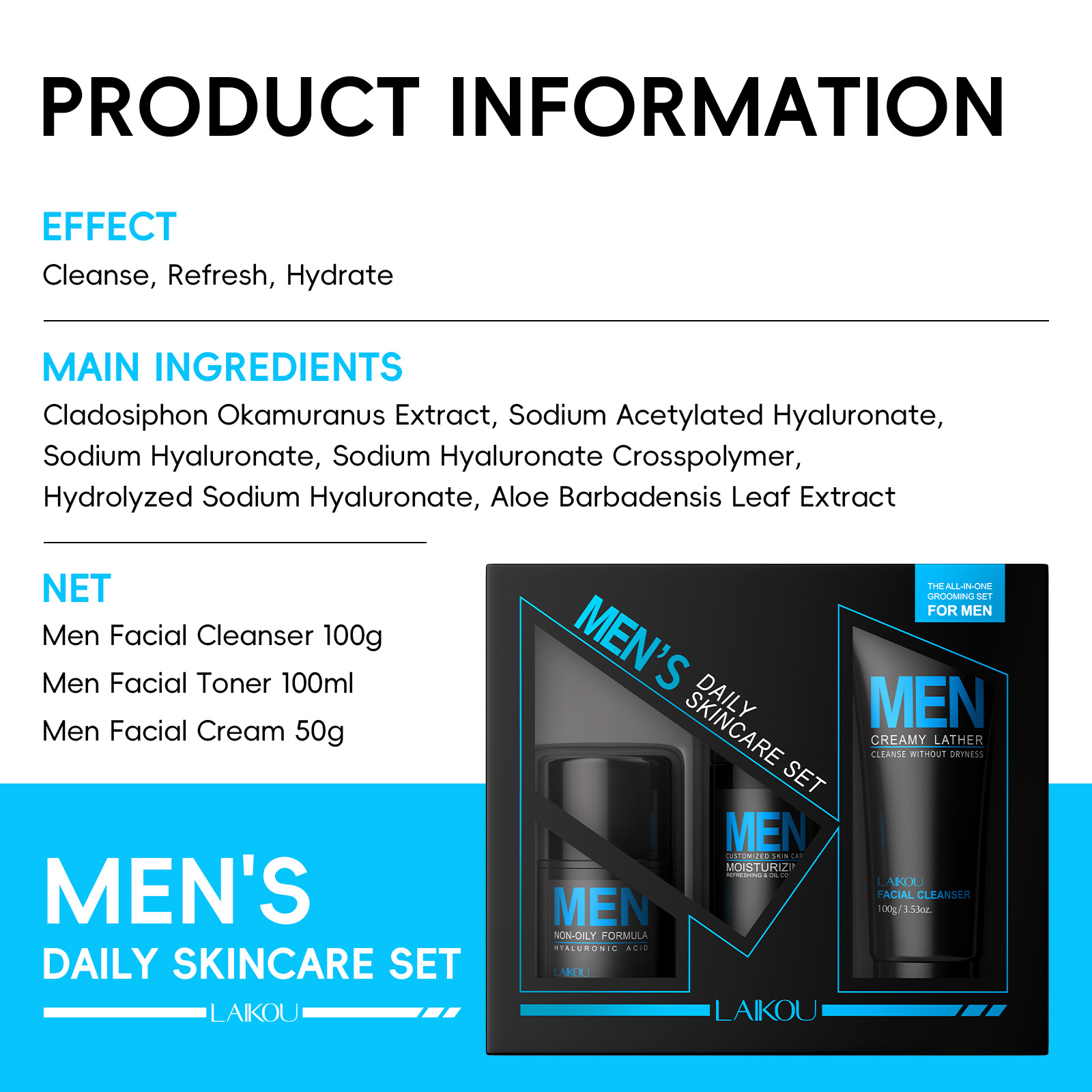 The new cross-border product Laicome Men's 3-piece set (face cream + toner + facial Cleanser) skincare set is available on Amazon details Picture