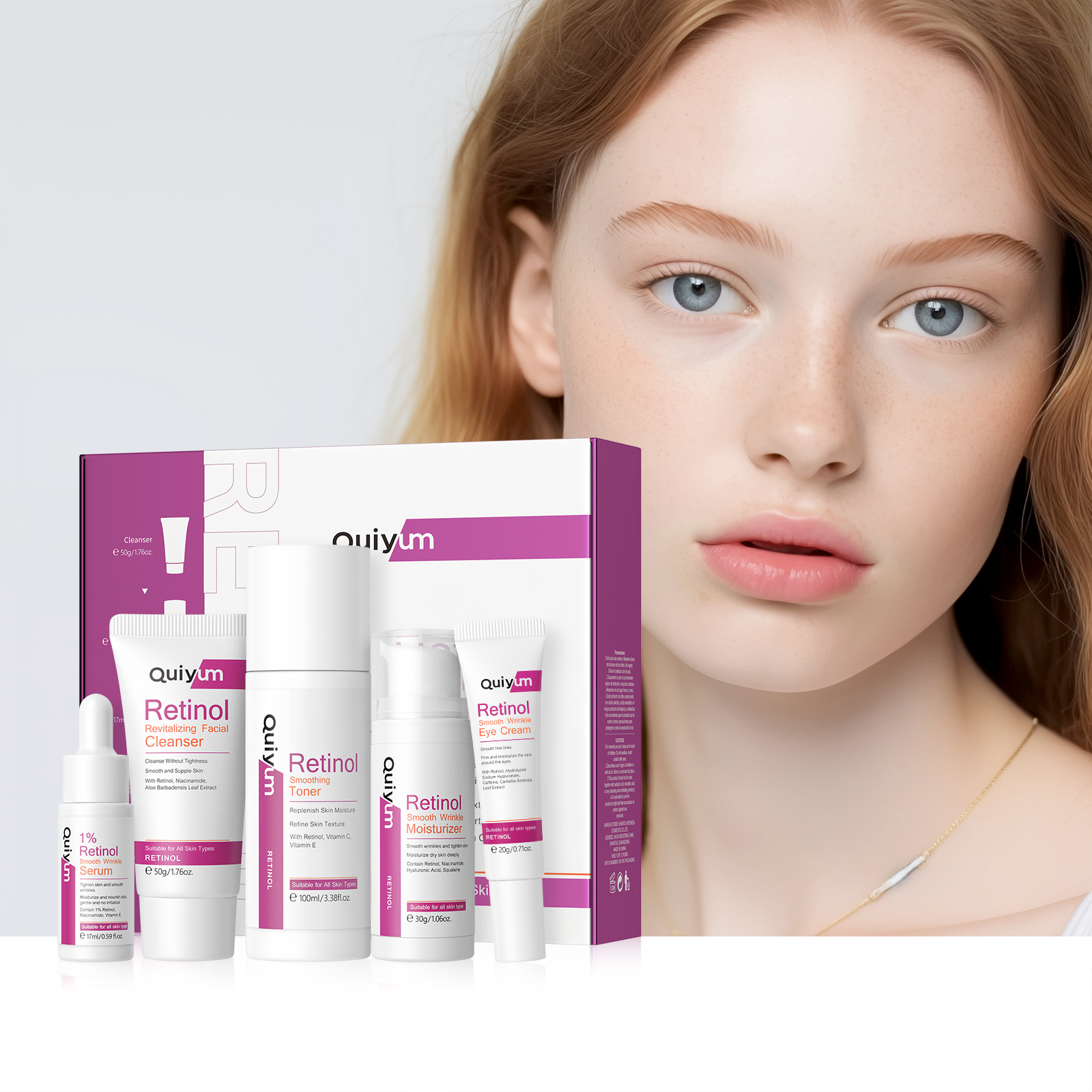 Cross-border QUIYUM Retinol Five-piece Set for hydrating and moisturizing FDA skin care products, available for wholesale from the manufacturer full figure