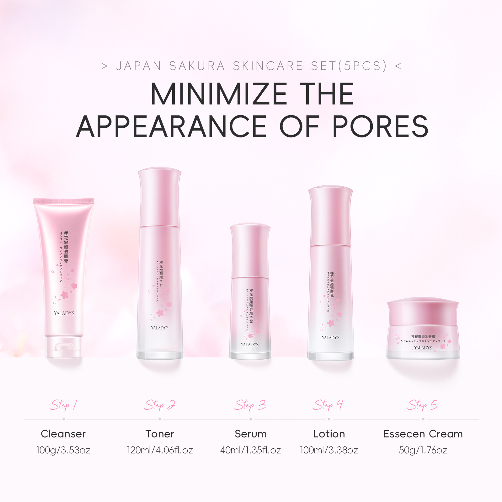 The new cross-border product, Yalaidishi Cherry Blossom Beauty Set (5-piece Set), includes a set of shampoo, cream and essence skin care products Specification drawing