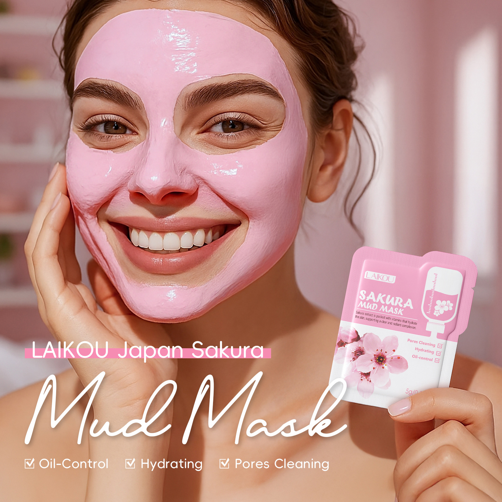 Cross-border Laikou Sakura Mud Mask bag 5gx12 packs of cleansing skin care products, English packaging, export mask details Picture