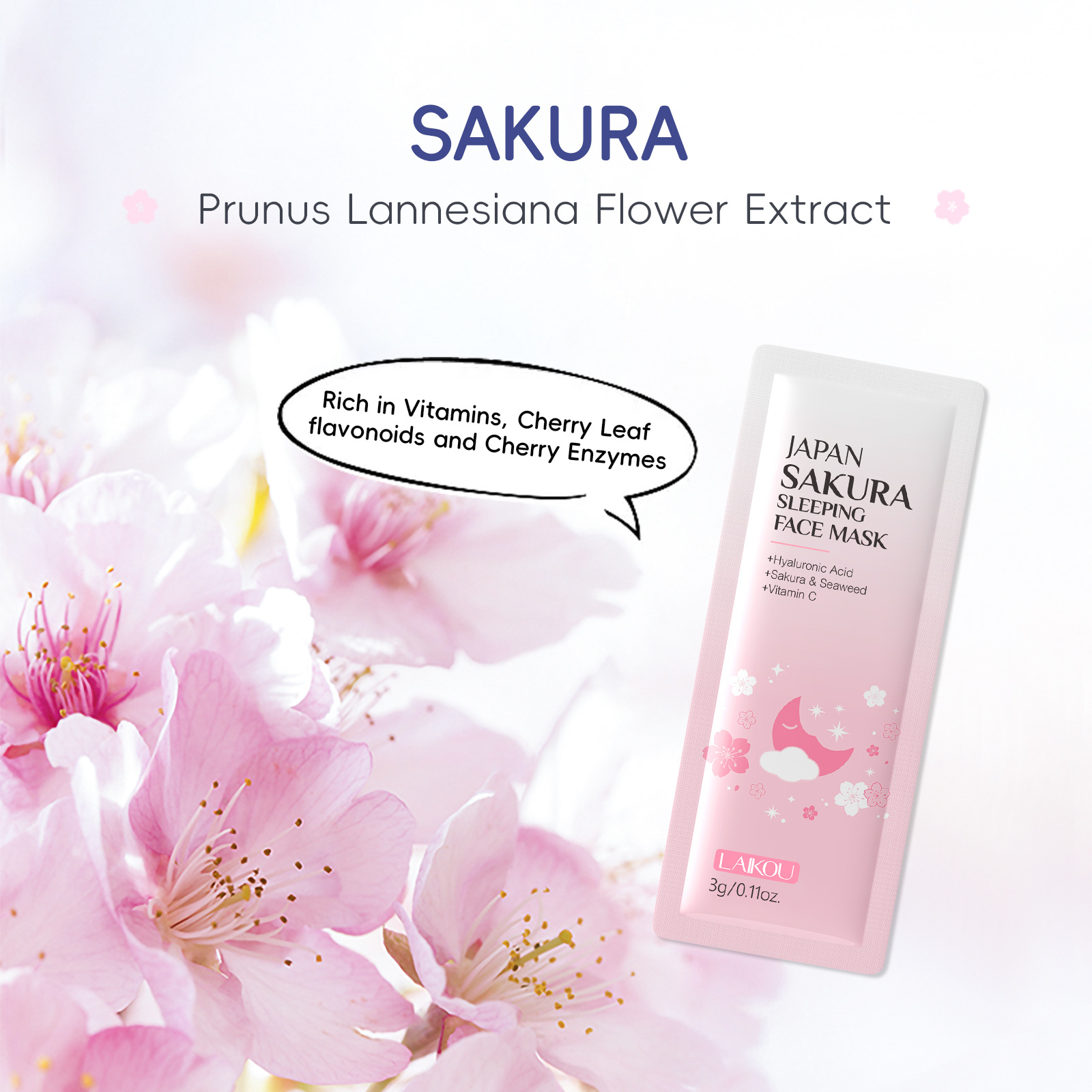 Laikou Sakura Sleeping Mask 1 sheet, 3g hydrating and moisturizing skin care product, all English available in stock for export details Picture
