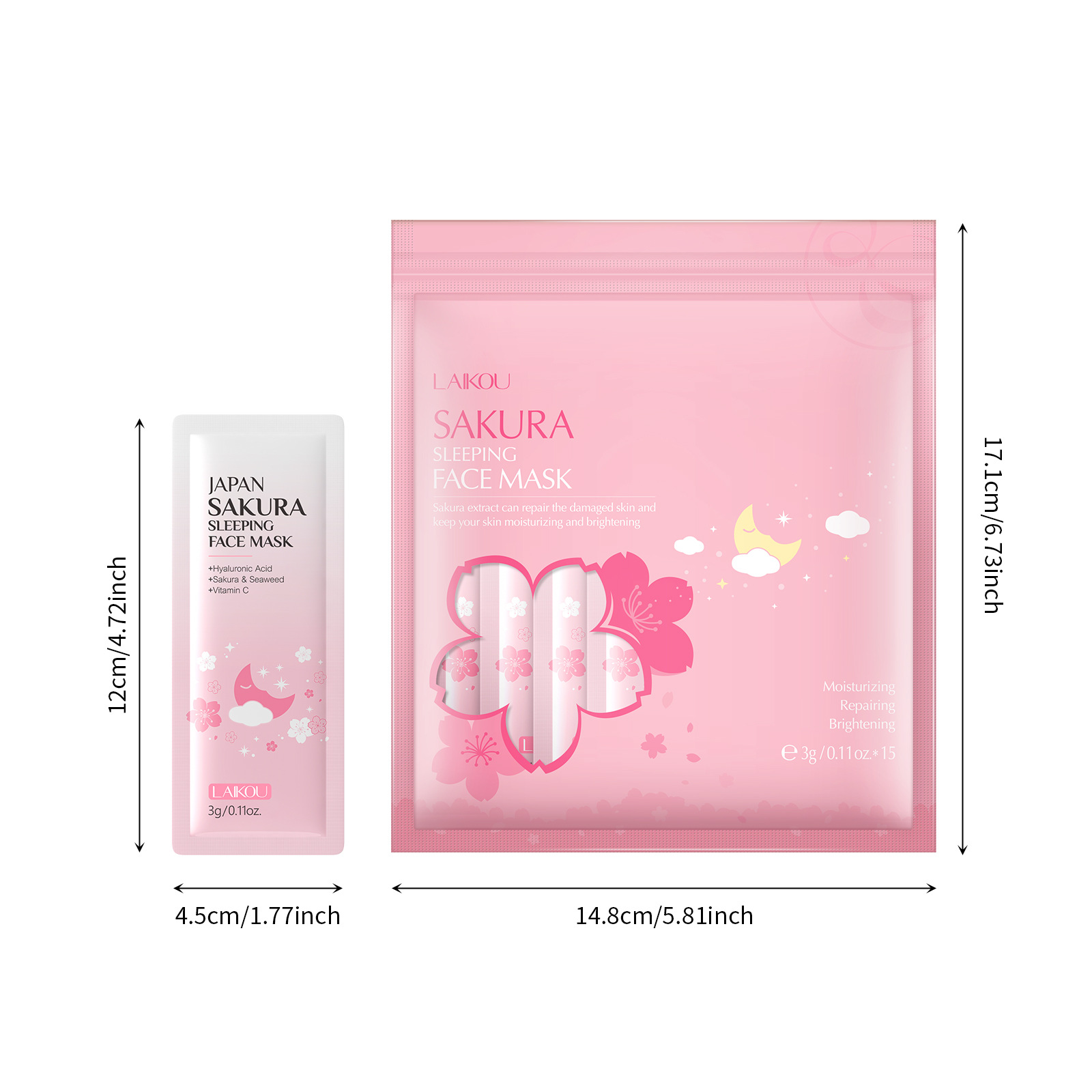 Cross-border Laicome Sakura Sleeping Mask Bag 3gx15 pieces leave-in Mask Hydrating and Moisturizing English export Mask Item Picture