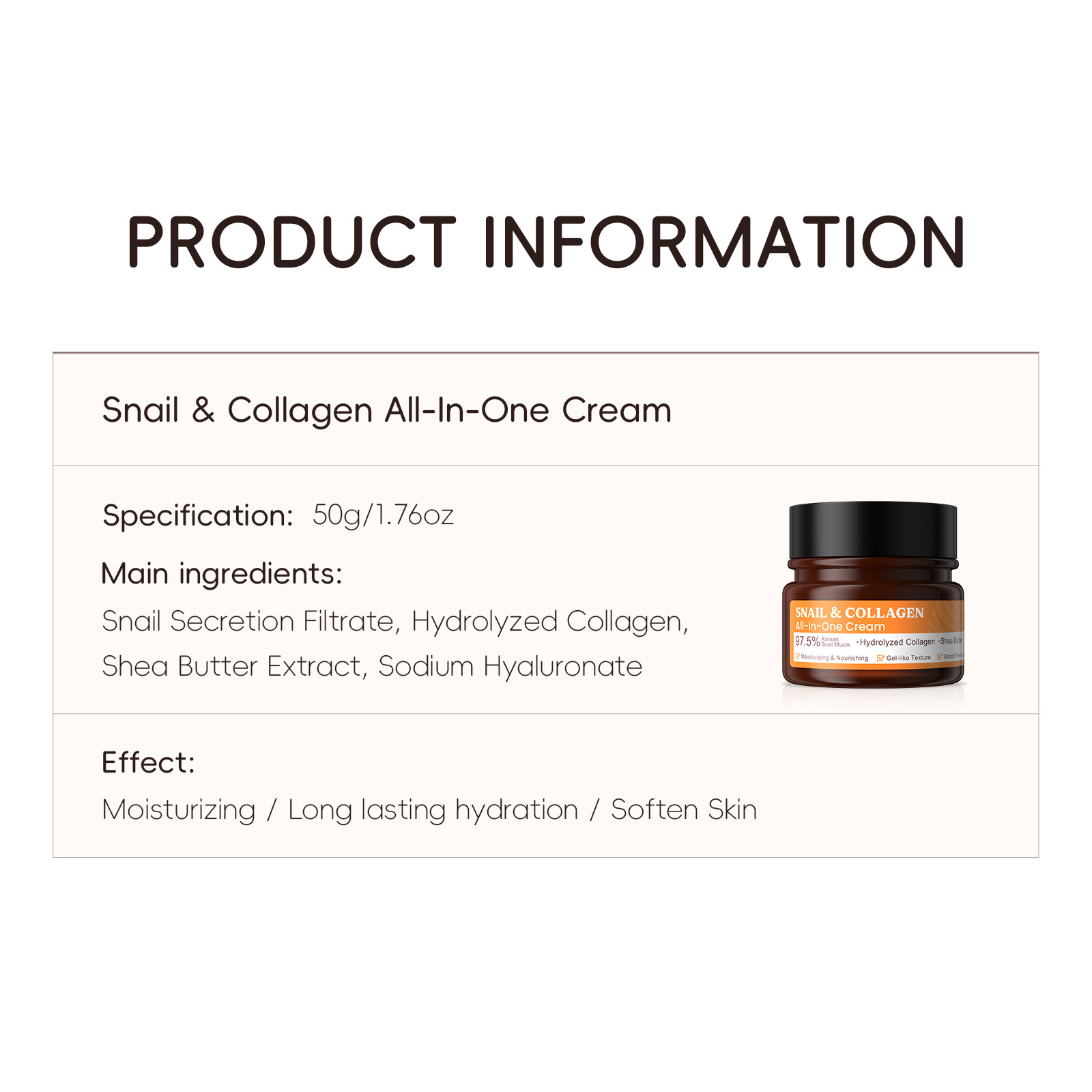 Cross-border QUIYUMM Snail Collagen Cream 50g Hydrating, Moisturizing, brightening skin tone, FDA skin care product wholesale details Picture
