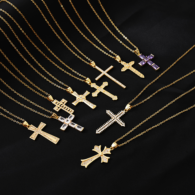 New copper-plated real gold cross necklace jewelry for cross-border trade from Europe and America, simple pendant, Southeast Asian trend, versatile, retro zircon inlaid