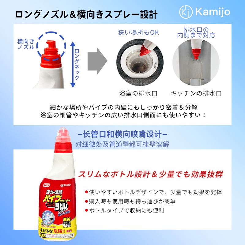 Kamijo pipe unclogging agent from Japan powerfully dissolves kitchen and toilet sewers, removes grease, foreign objects, odors and unpleasant smells Item Picture