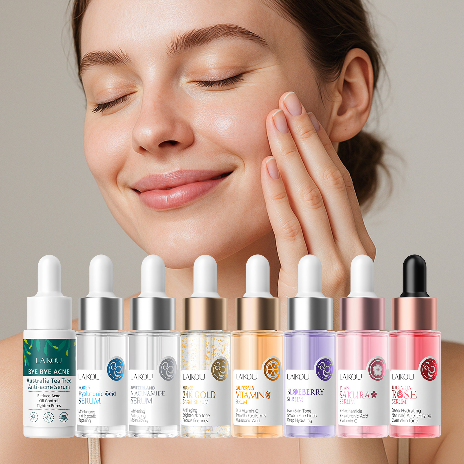 Laikou Eight-Color Essence Sodium Hyaluronate, Sakura Nicotinamide VC, Snail Essence Cross-border supply skin care products full figure