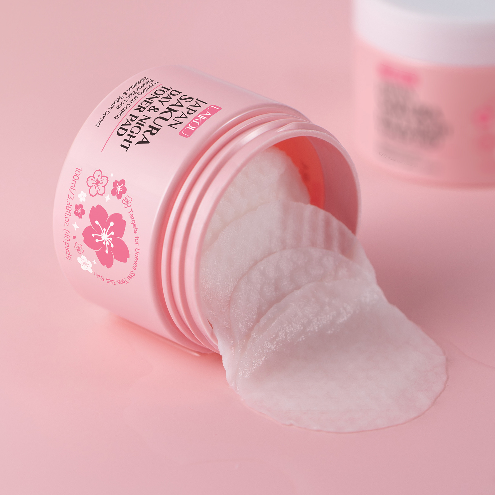 Cross-border LAIKOU Cherry Blossom Day and Night Toning Cotton pads 100ml/40 pads Cleansing, Makeup Removal and Moisturizing Cleansing Pads full figure