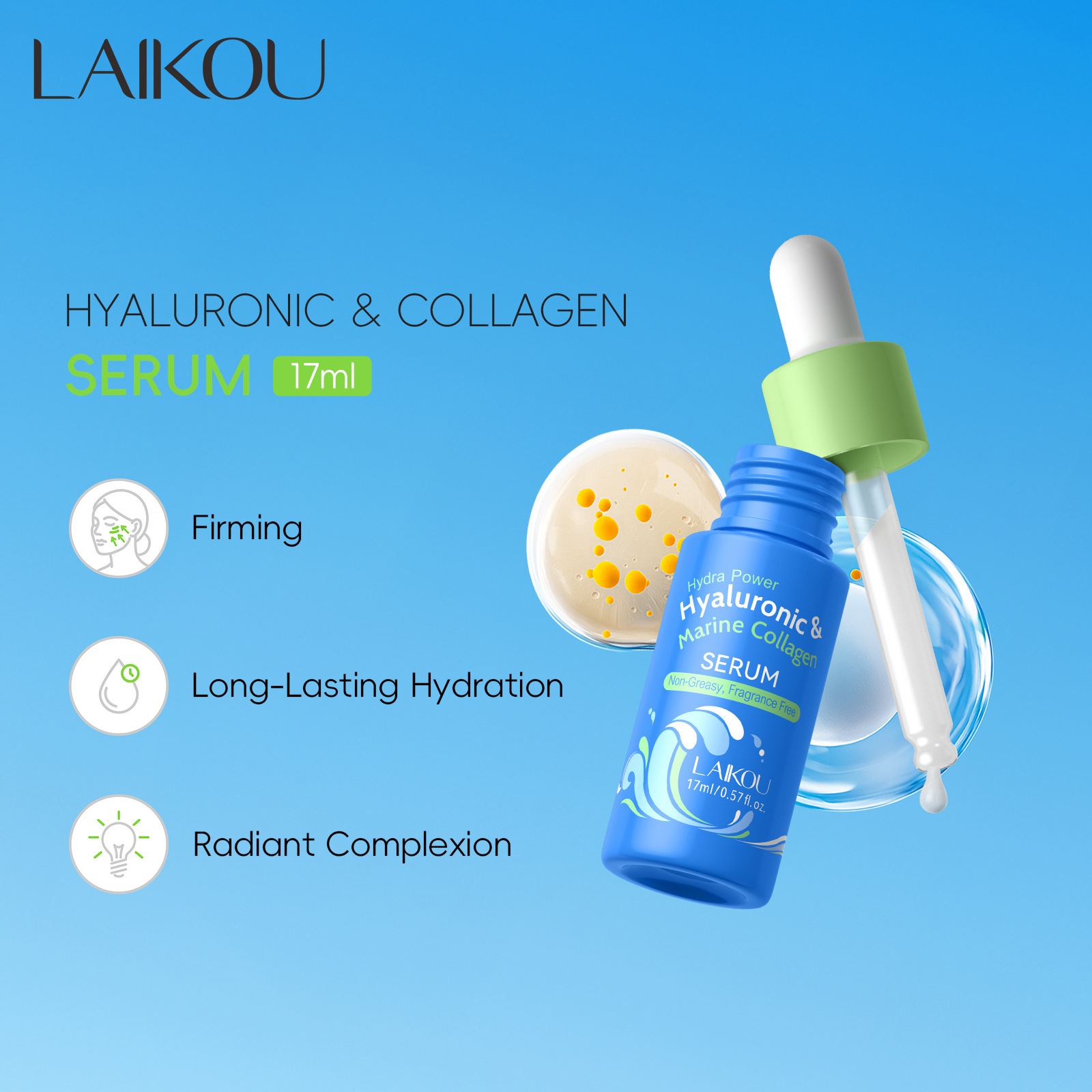 Cross-border LAIKOU Hyaluronic Acid Collagen Essence 17ml Hydrating and Moisturizing Foreign Trade Essence Original Liquid Skin Care product full figure