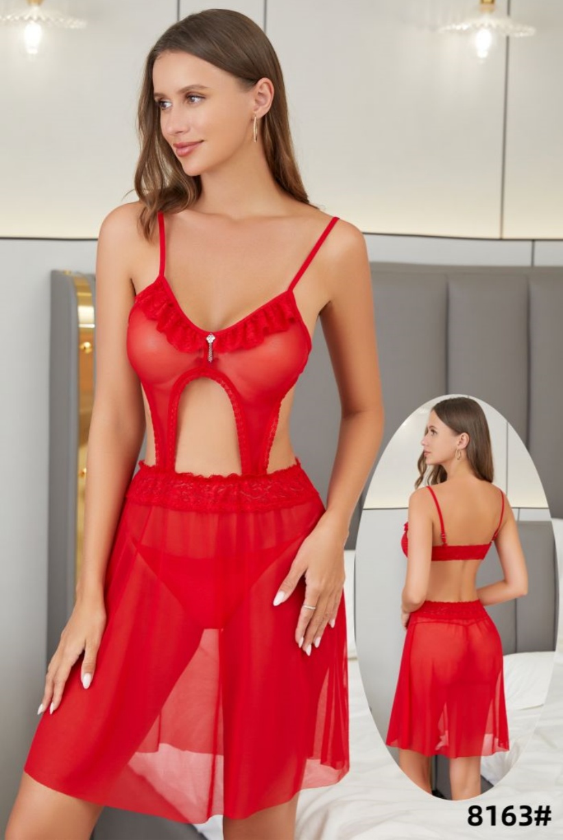 Cute and sexy tulle lace cutout halter nightgown, semi-transparent lace edge tulle nightgown, interesting halter nightgown full figure