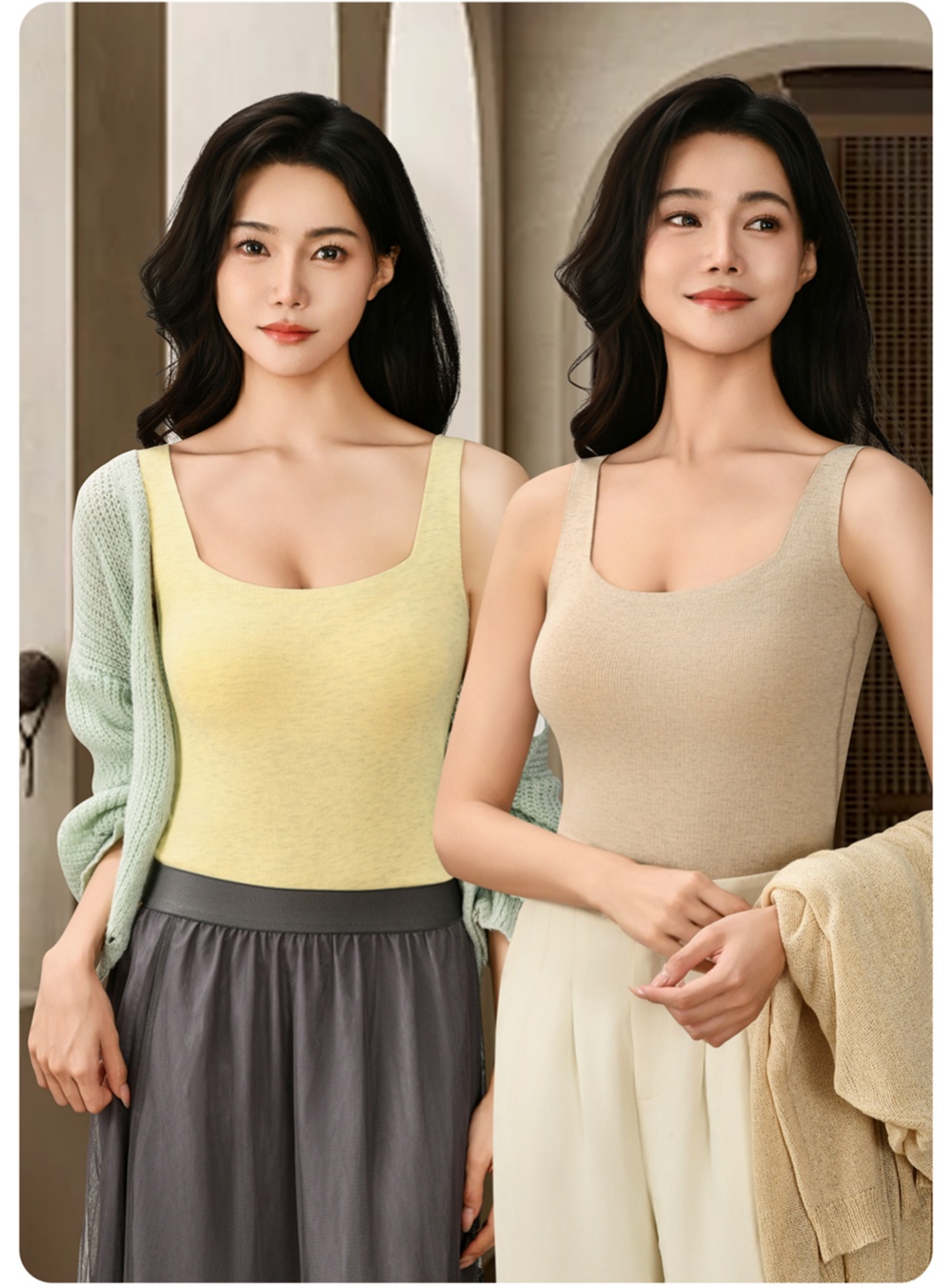 Women's thermal vest, seamless base layer top, double-sided fleece square neck with fleece thermal halter, autumn and winter fixed cup vest full figure