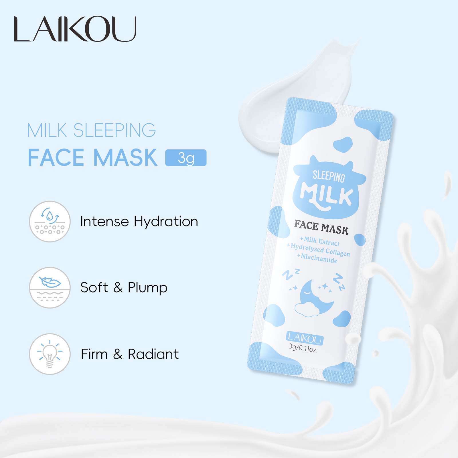 Cross-border all-English mask LAIKOU Milk Sleeping Mask 3g Hydrating and Moisturizing Export Stock facemask full figure