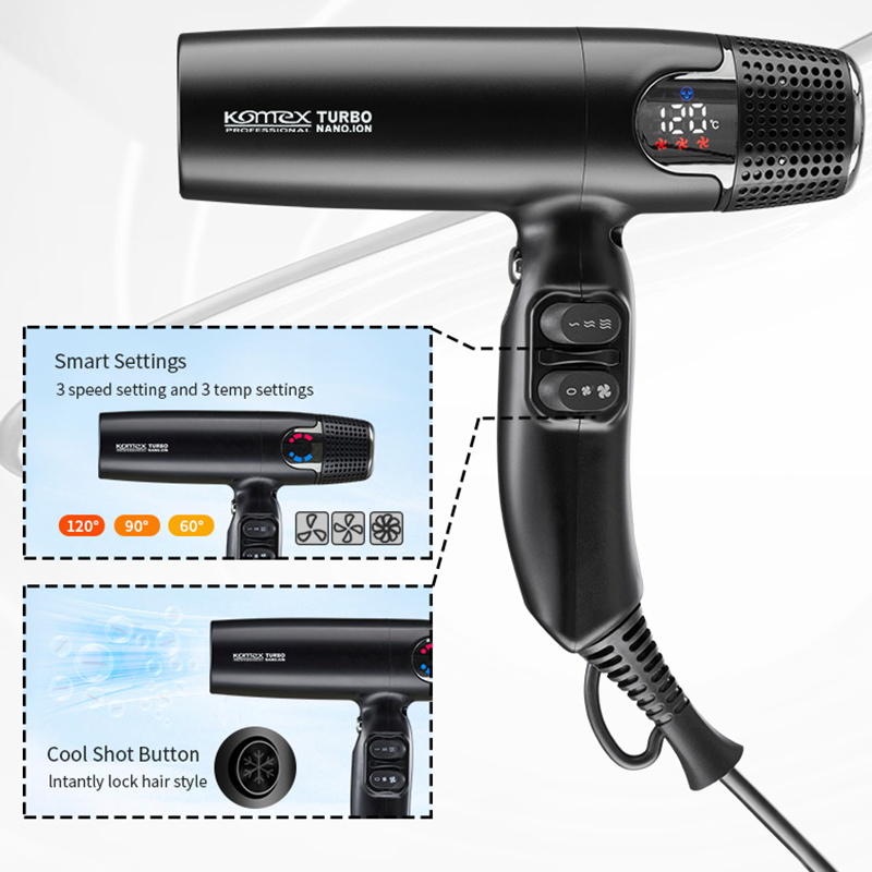 Komex Cross-Border New Products: European And American High-Speed Brushless 110,000 Rpm Boat-Shaped Switch Hair Dryer, High-Power Constant-Temperature Negative Ion Hair Dryer, Salon Screen Display Hair Dryer Application Scenario