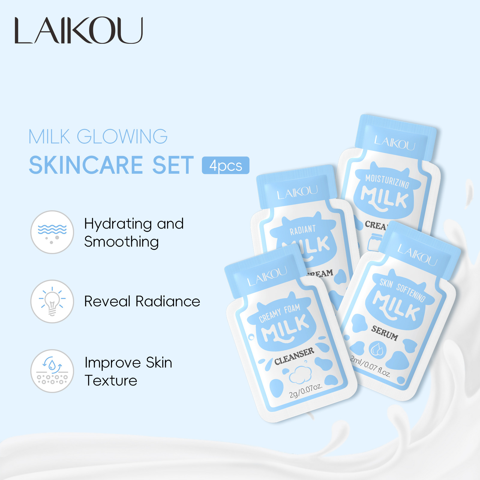 LAIKOU's new cross-border milk 4-pack (facial cleanser + eye cream + essence + moisturizer) 2ml for export full figure