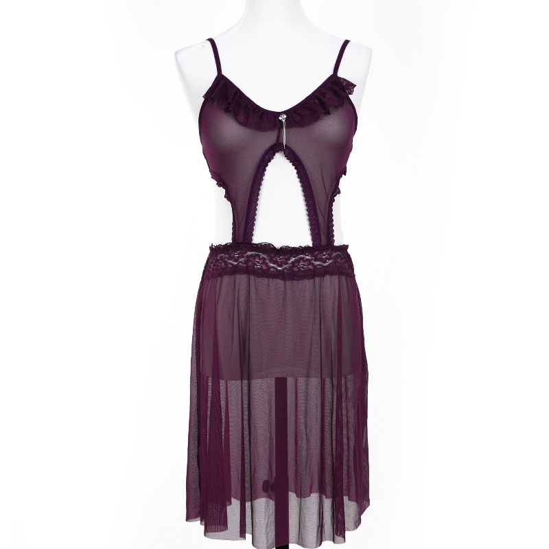 Cute and sexy tulle lace cutout halter nightgown, semi-transparent lace edge tulle nightgown, interesting halter nightgown Item Picture