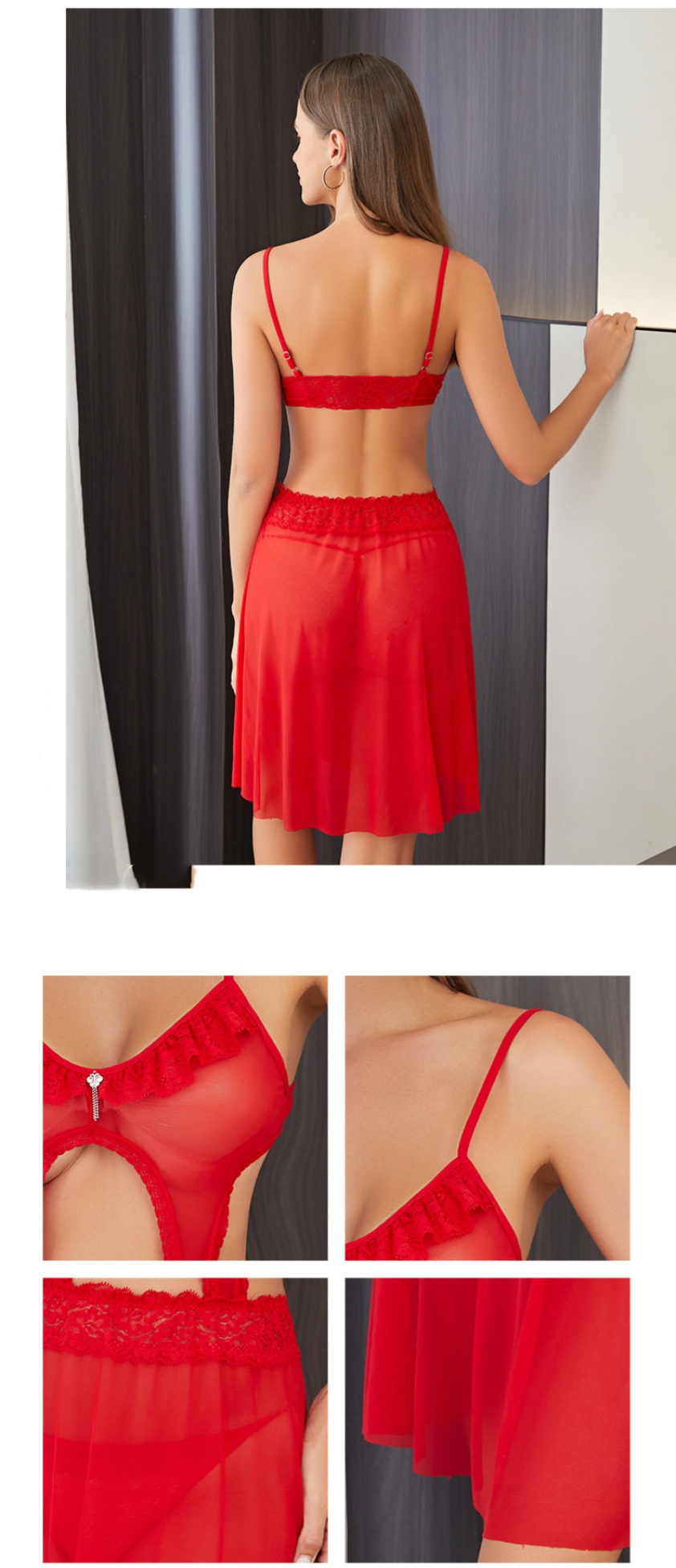 Cute and sexy tulle lace cutout halter nightgown, semi-transparent lace edge tulle nightgown, interesting halter nightgown Specification drawing