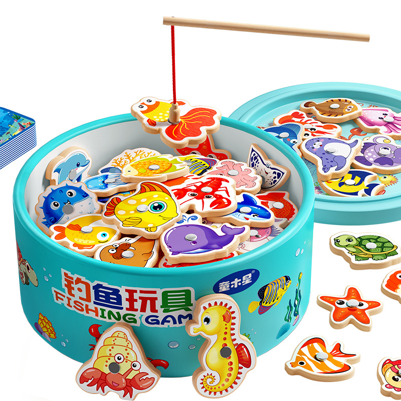 Magnetic wooden fish fishing toys for children aged 1 to 3, as an early education gift for children to learn about Marine fish Item Picture