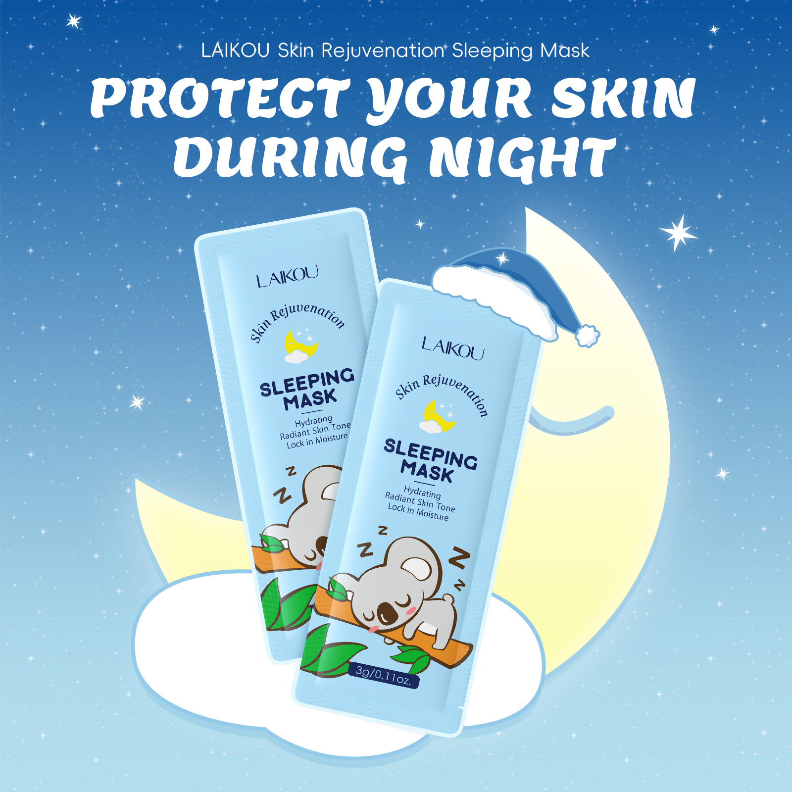 Cross-border LAIKOU Koala Care All-English Sleeping Mask, Single 3g Moisturizing Mask for export full figure