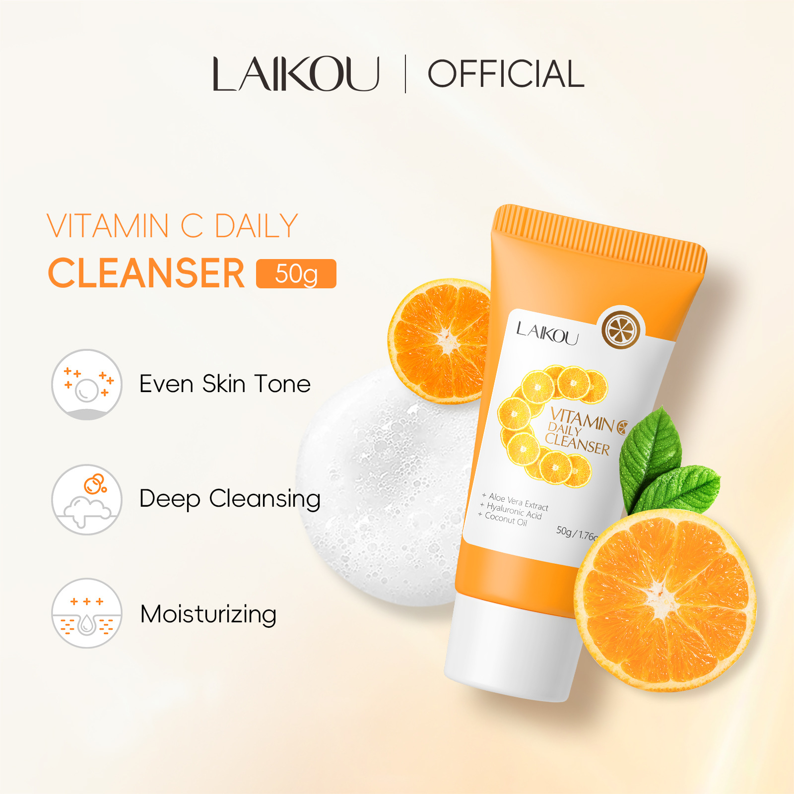 LAIKOU Vitamin C Facial Cleanser 50g (temu Version) Moisturizing and Hydrating Cross-border Export Facial Cleanser full figure