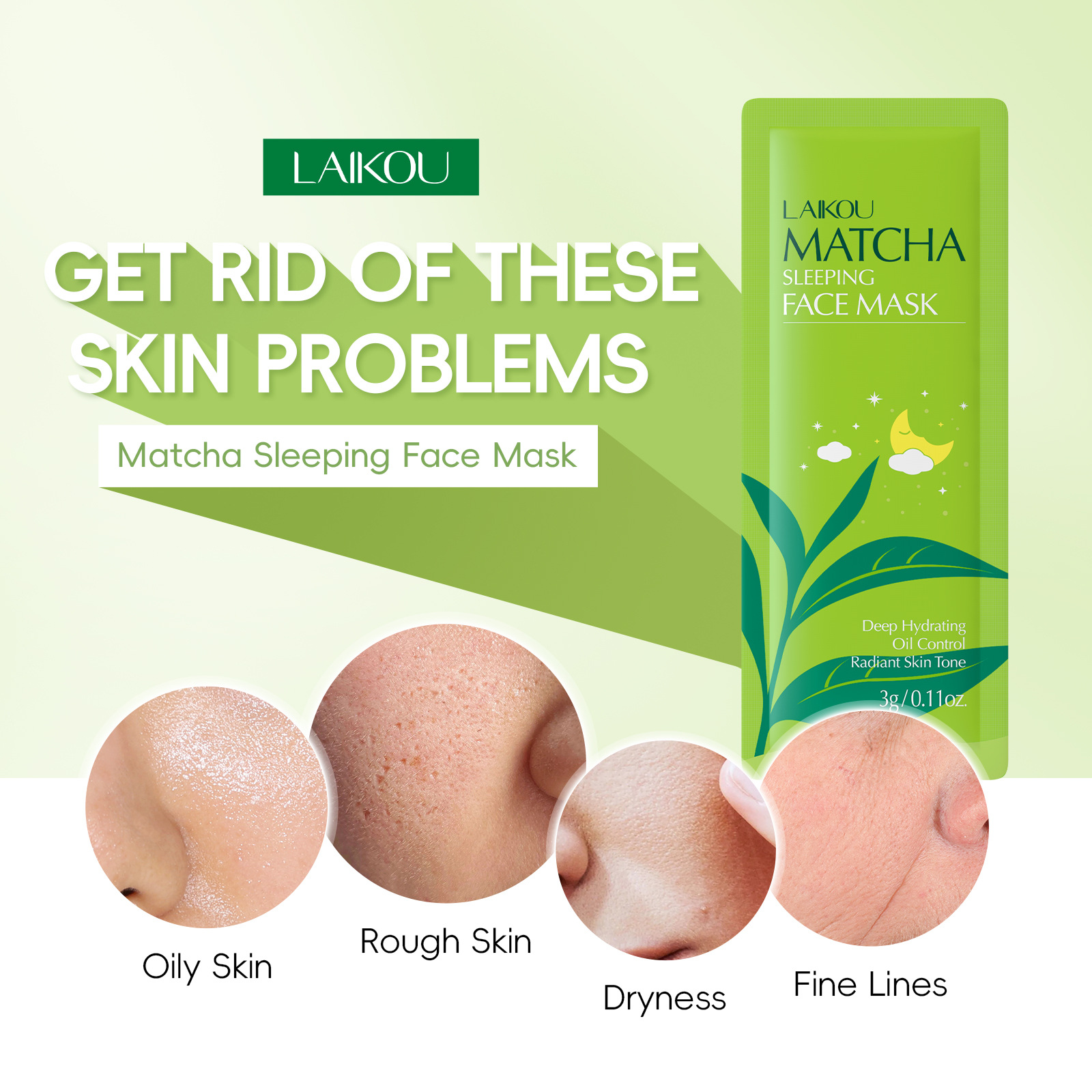 Laicome Matcha Series Sleeping Mask 1 piece, 3g leave-in mask, all-English sleeping mask, export mask Specification drawing