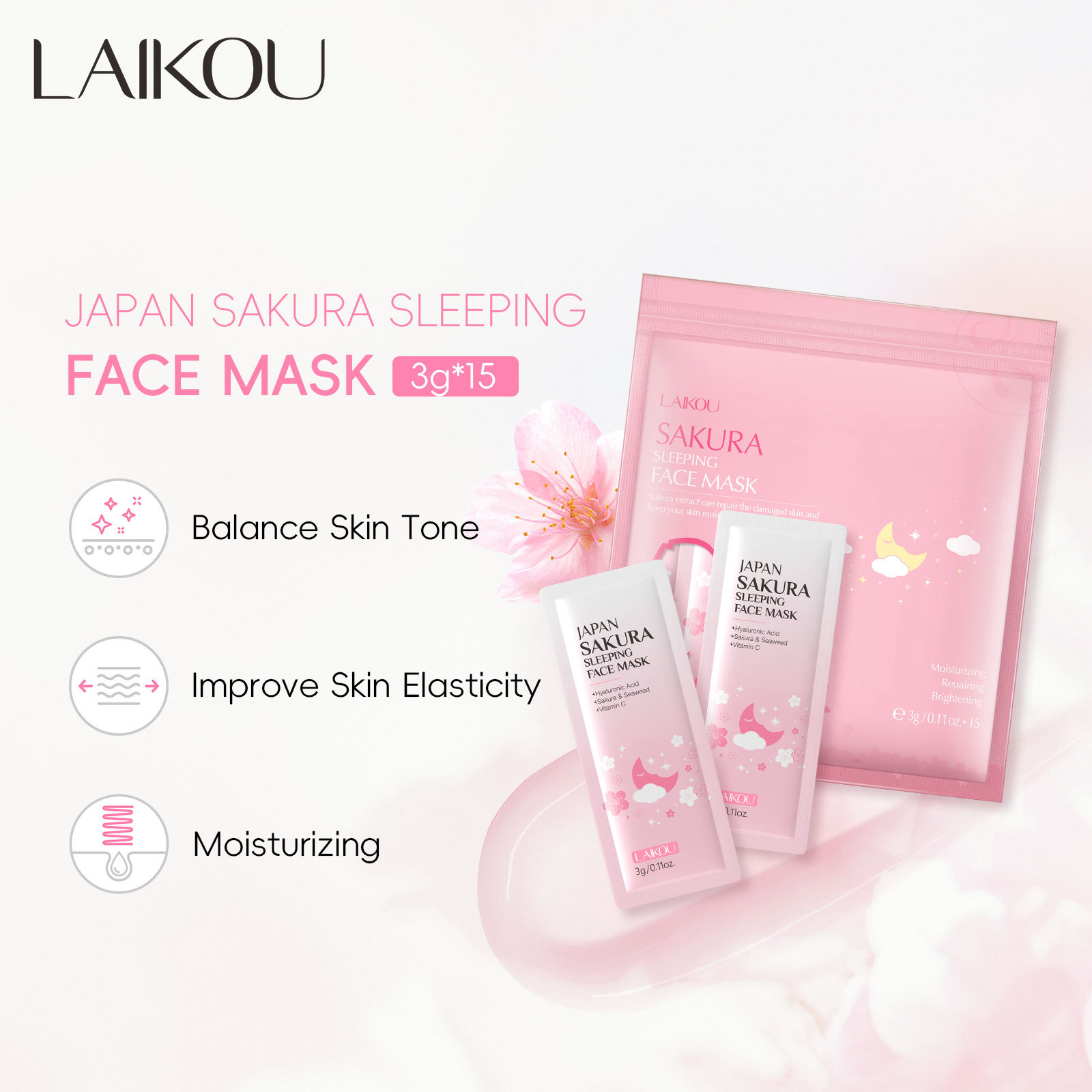 Cross-border Laicome Sakura Sleeping Mask Bag 3gx15 pieces leave-in Mask Hydrating and Moisturizing English export Mask full figure
