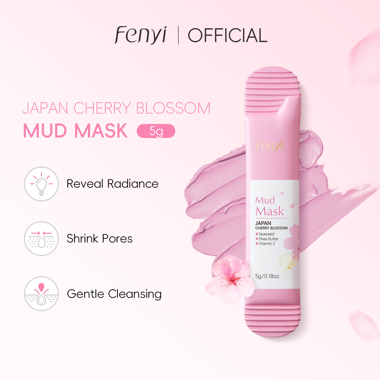 Fenyi Cherry Blossom Mud Mask Sheet in Bag, 5g Hydrating, Moisturizing and Cleansing Mask, skin care product for export, all in English full figure