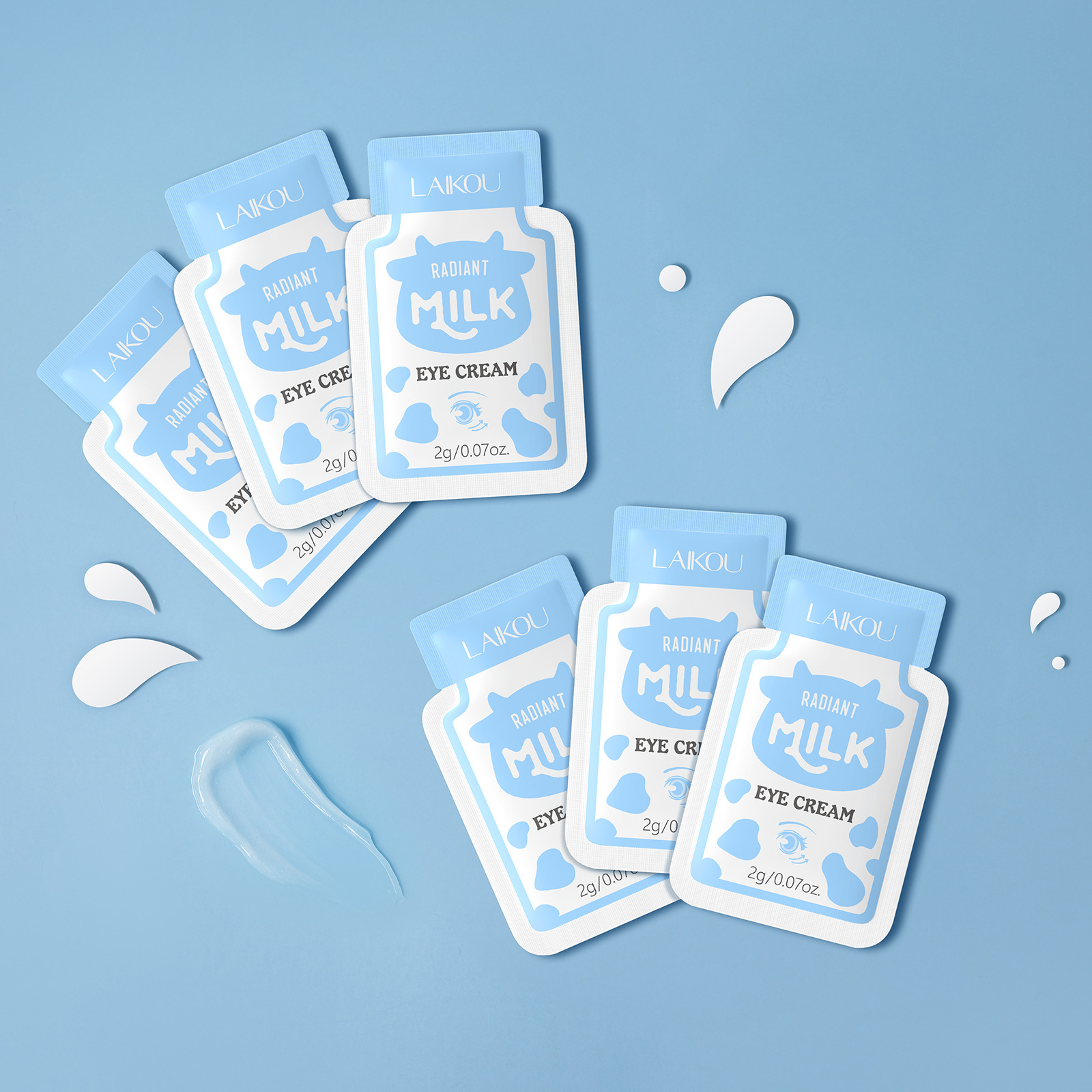 LAIKOU's new cross-border milk 4-pack (facial cleanser + eye cream + essence + moisturizer) 2ml for export Application Scenario