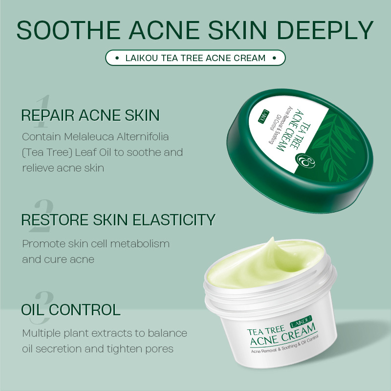 LAIKOU Tea Tree anti-acne Cream 20g Moisturizing and hydrating Skin Care product, English packaging, Cross-border manufacturer Specification drawing