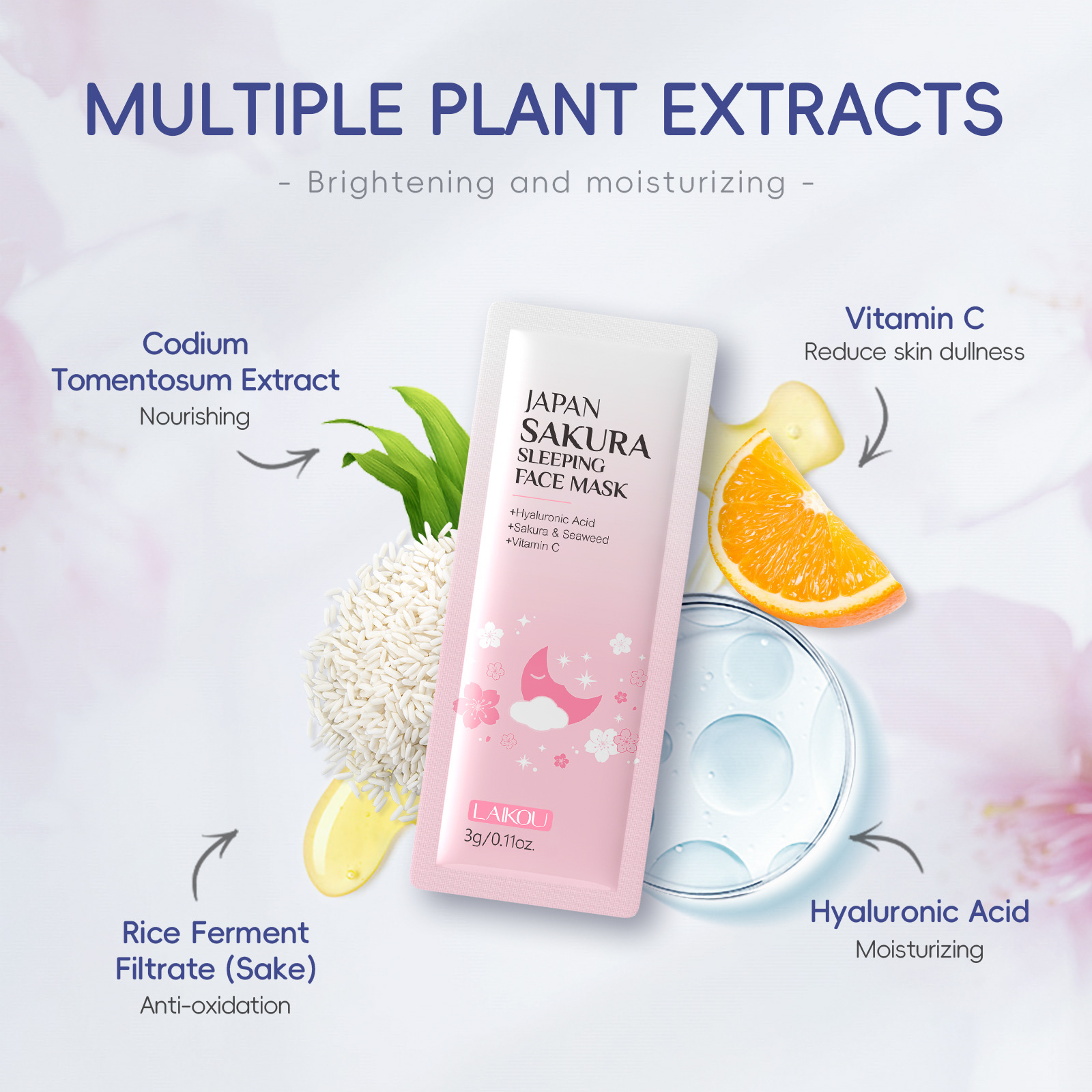 Cross-border Laicome Sakura Sleeping Mask Bag 3gx15 pieces leave-in Mask Hydrating and Moisturizing English export Mask Application Scenario
