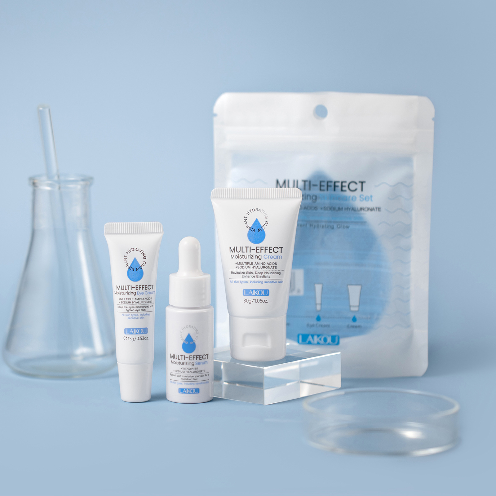 The new cross-border Laicome Moisturizing and Hydrating Three-piece set (essence + Eye Cream + Face Cream) skincare set is in stock for export Application Scenario