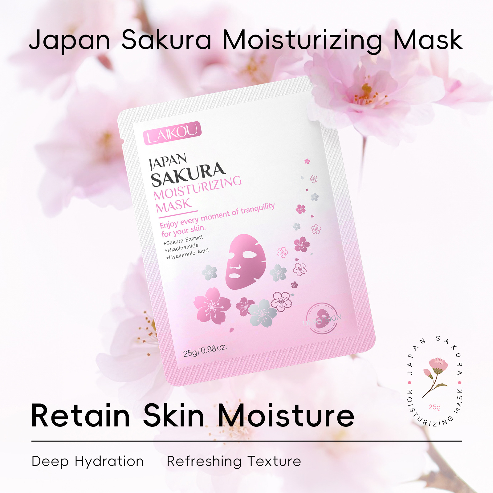 Cross-border LAIKOU Cherry Blossom Moisturizing Mask 25g*10pcs Mask in English box manufacturer, FDA skin care products for export details Picture