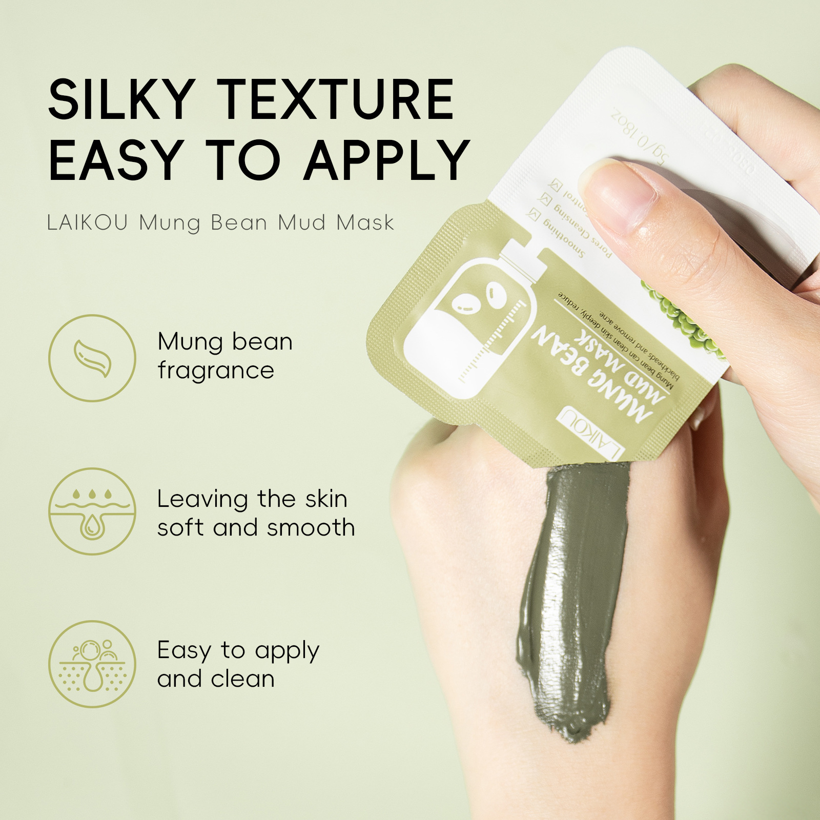 LAIKOU Mung Bean Cleansing Mud Mask 5G 12-piece set facemask Mask Mud for export, all in English Specification drawing