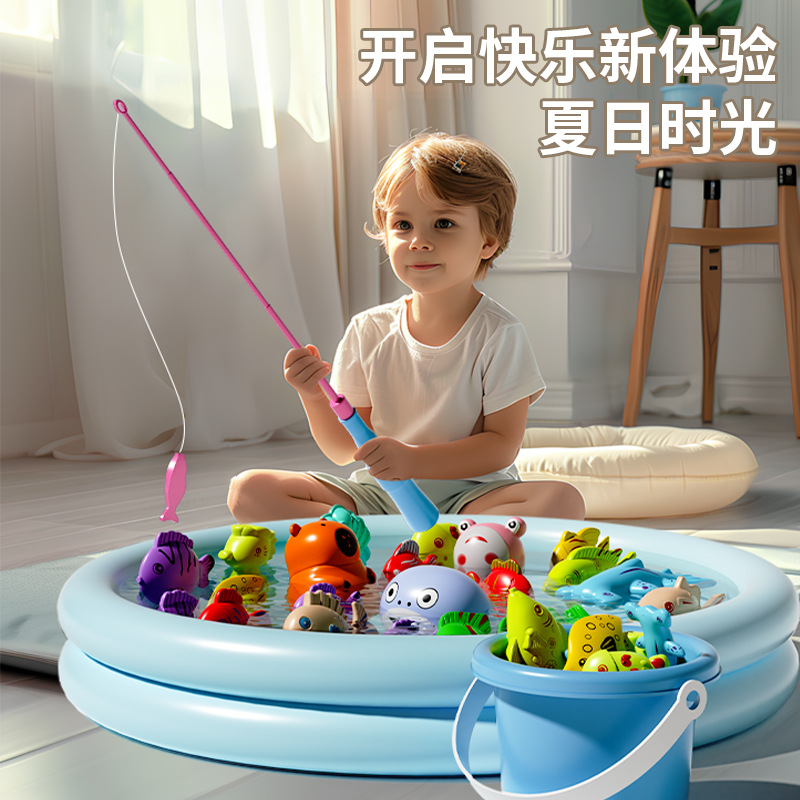 Children's magnetic fishing toy pool, boys and girls play house, summer water play, inflatable educational fish catching, night market stall details Picture