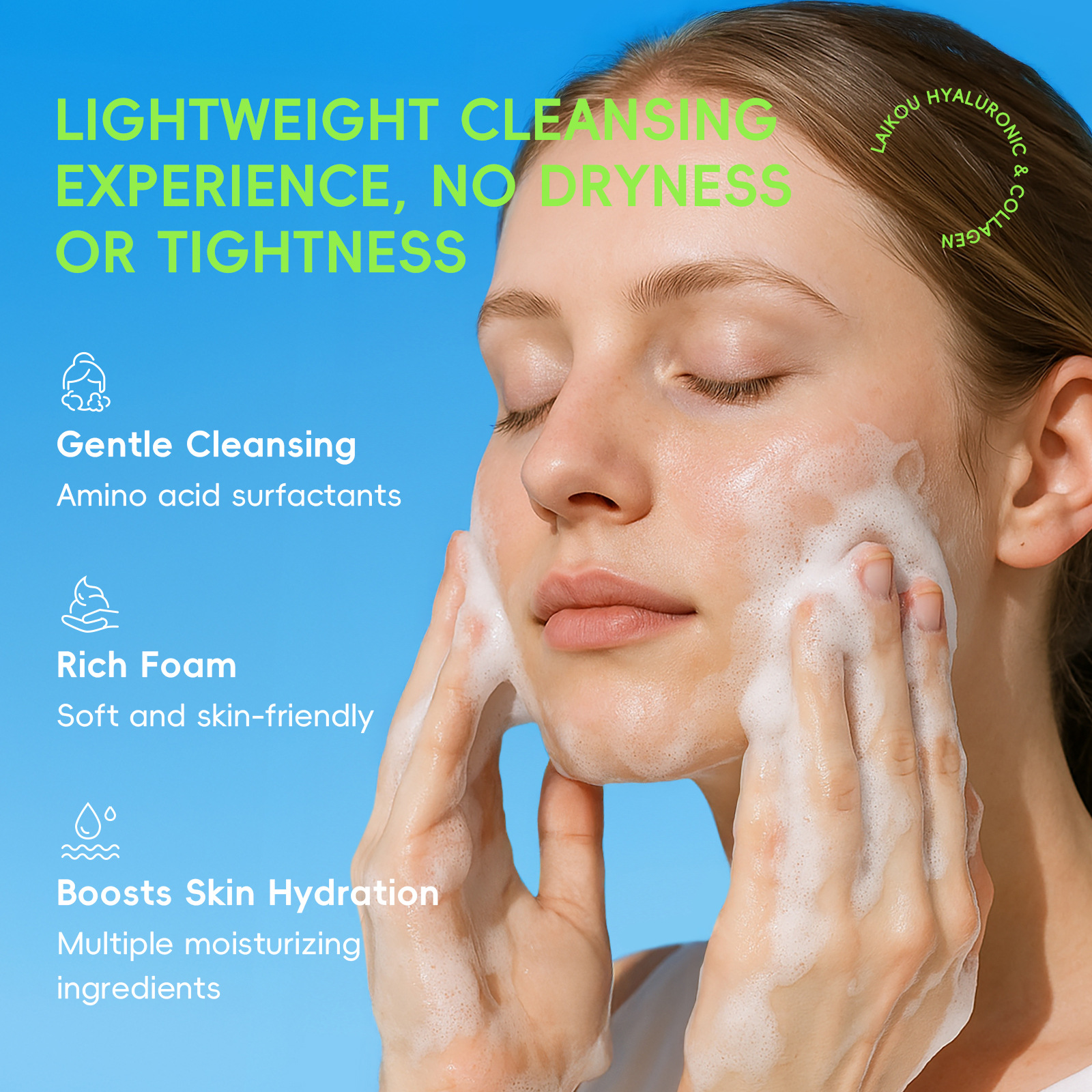 LAIKOU 50g Cross-border Hyaluronic Acid Collagen Facial Cleanser for Pore Cleansing, hydration and moisturizing Manufacturer Specification drawing