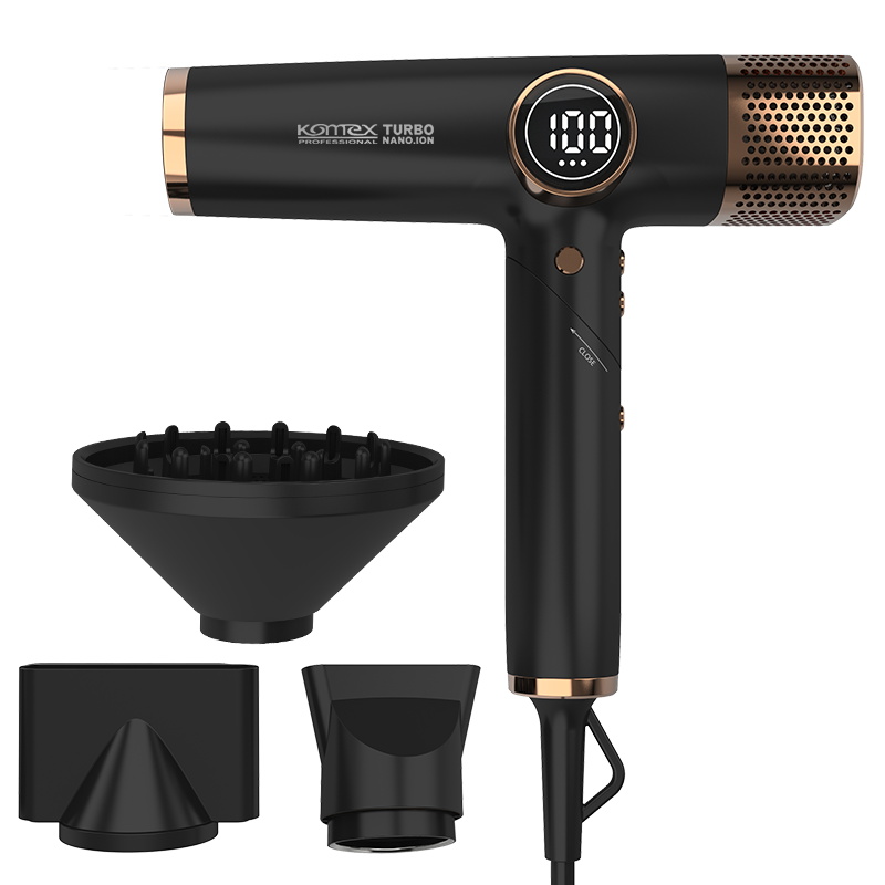 Komex Cross-Border New Products: High-Speed Brushless 110,000 Rpm Folding Travel Hair Dryer, High-Power Constant-Temperature Negative Ion Hair Dryer, Salon Screen Display Hair Dryer Application Scenario