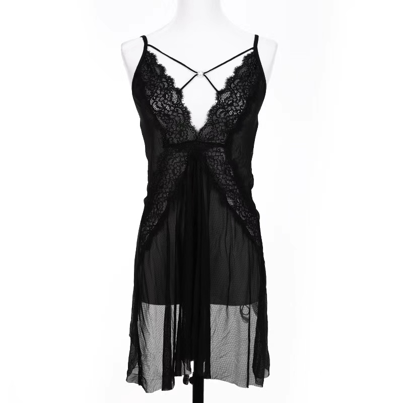 New summer short skirt, slit low-neck mesh lace women's underwear, fashionable lace halter, backless halter sleeping dress Specification drawing